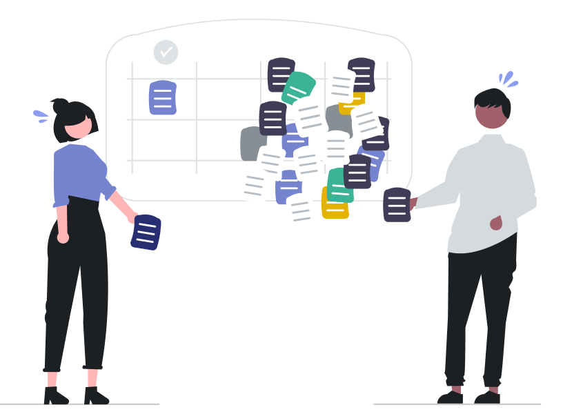 Visual with 2 co-workers using innovation management software to organize their ideas.