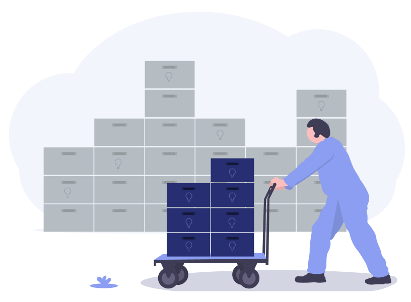 man pushing a cart with boxes of siloed projects into an innovation management software