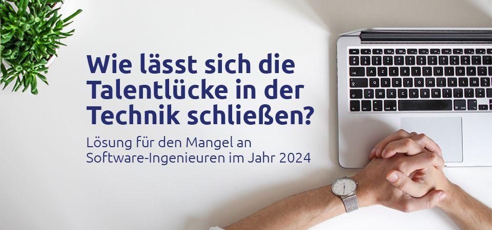 Person sitzt mit verschränkten Händen vor einem Laptop und der Aufschrift Bridging the IT Skills Gap: How No-Code Development Can Accelerate Digitalization in Germany