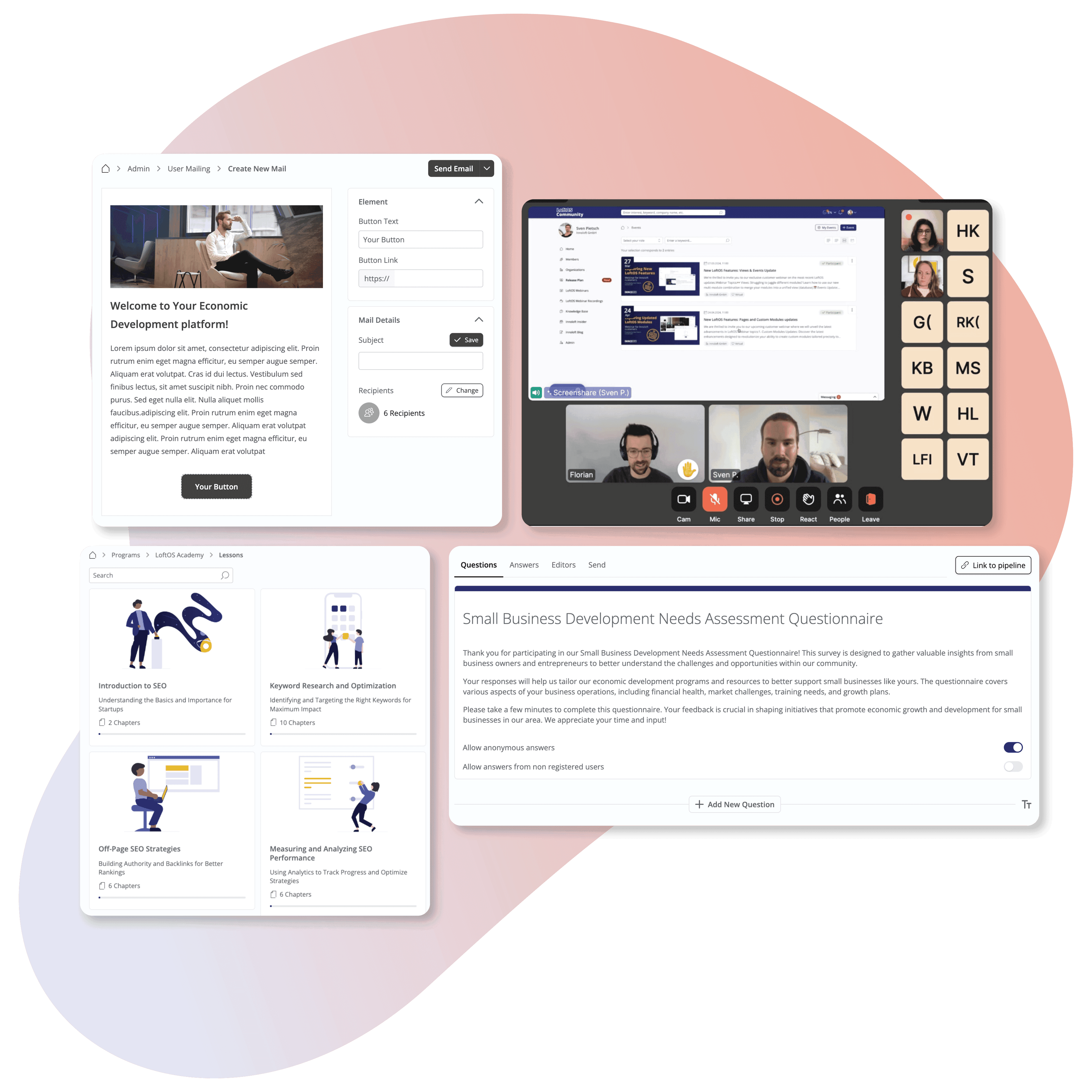 Screenshot der Funktionen User Mailing, Video, Programme und Formulare für ein aktives regionales Innovationsnetzwerk