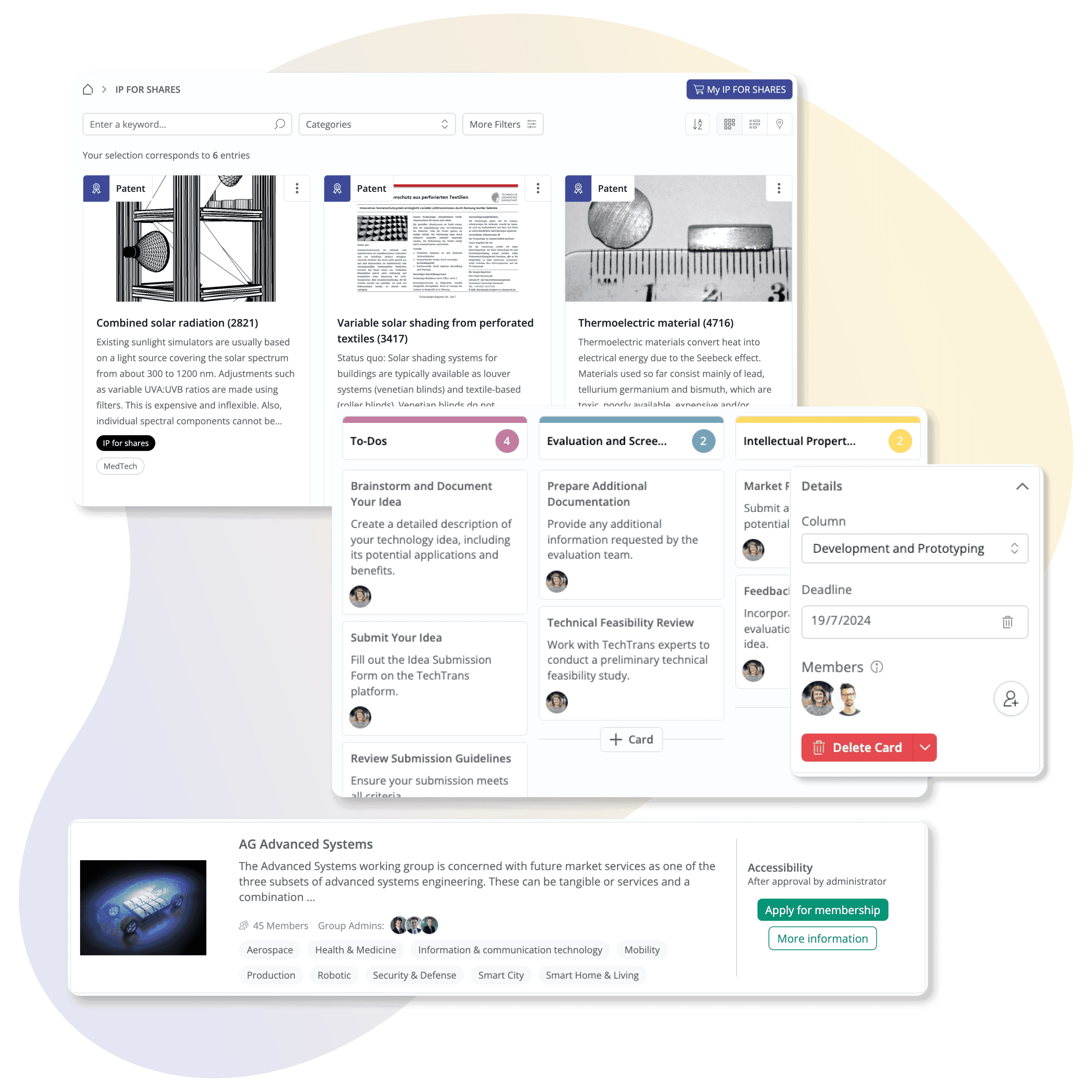 Screenshot of Pipelines, Groups and IP Marketplace features to expedite Tech Transfer