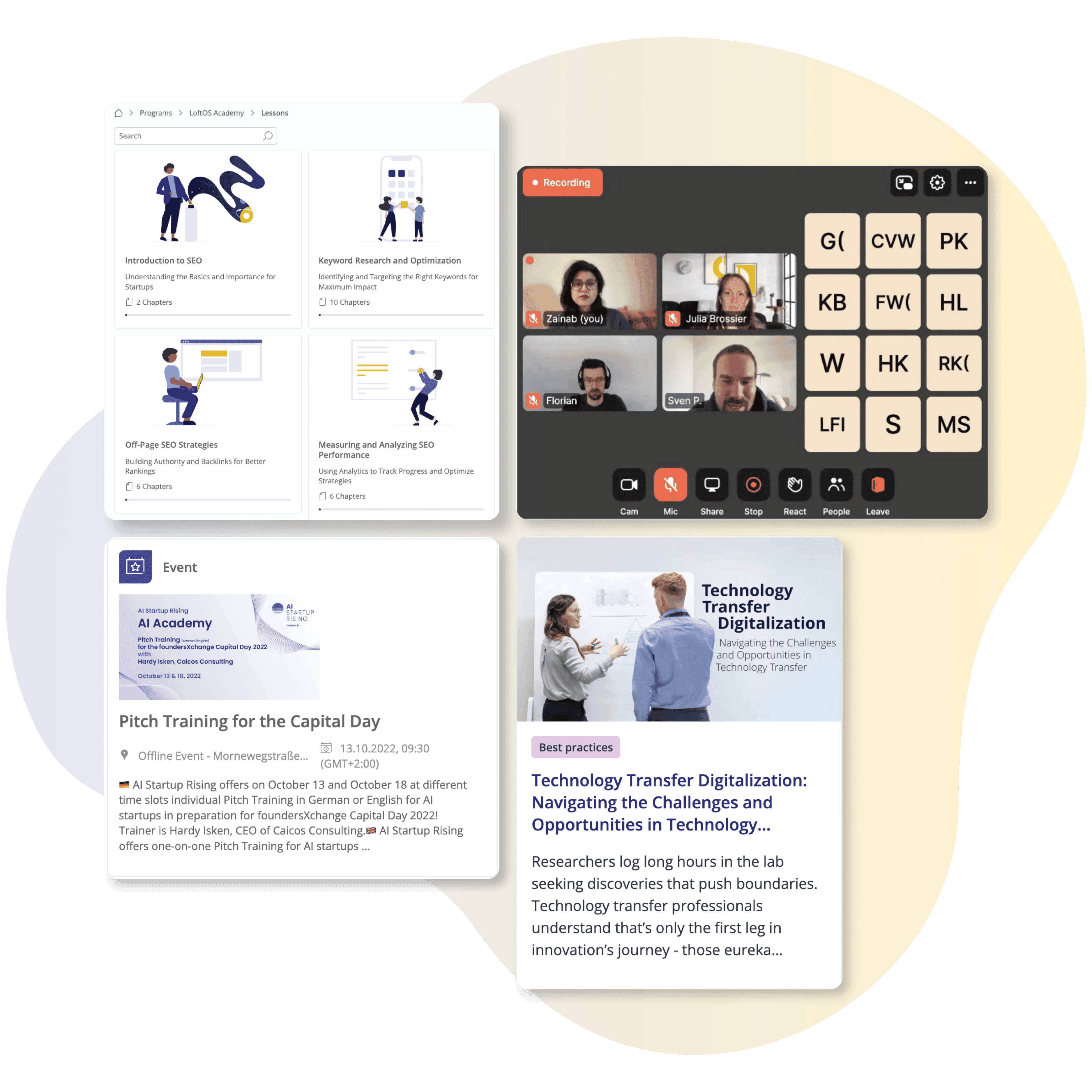 Screenshot of Programs, Events, Blogs and Video Chat features to speed up university entrepreneurship
