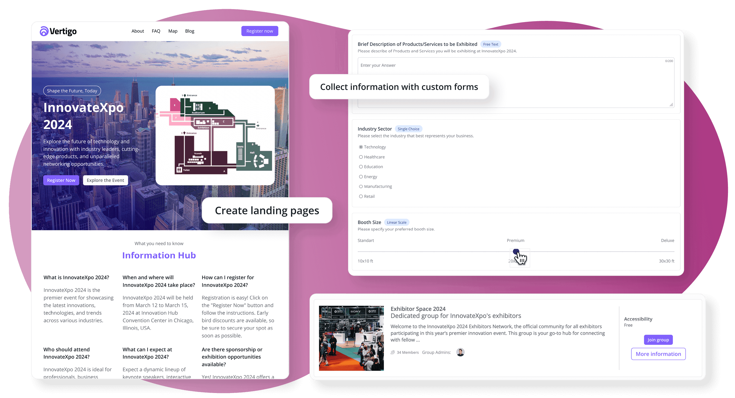 screenshot of loftos conference networking software features to create landing pages with no code a easily collect information with dedicated built it forms