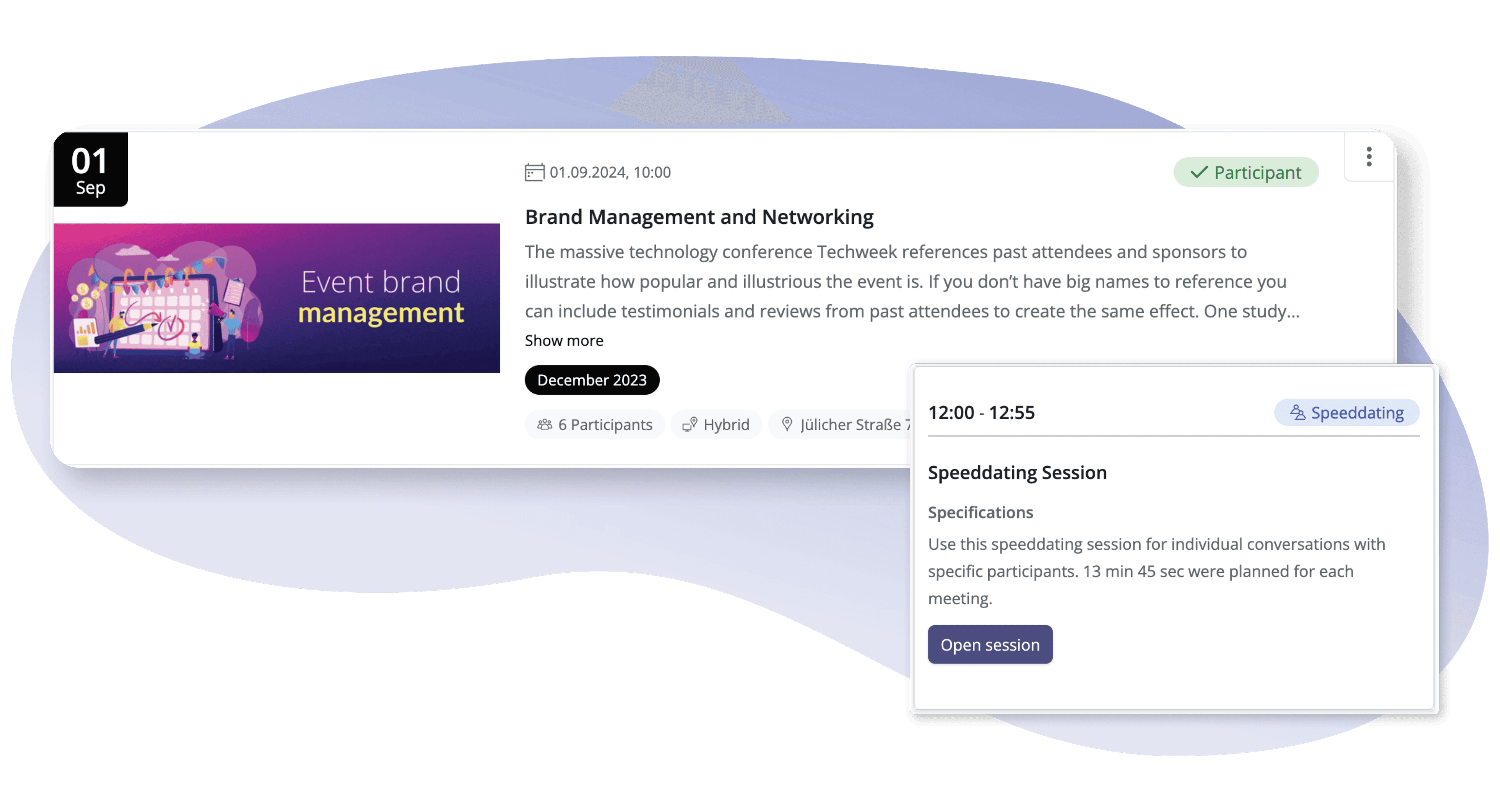 Screenshot of Events module and speed dating sessions to foster an thriving community.