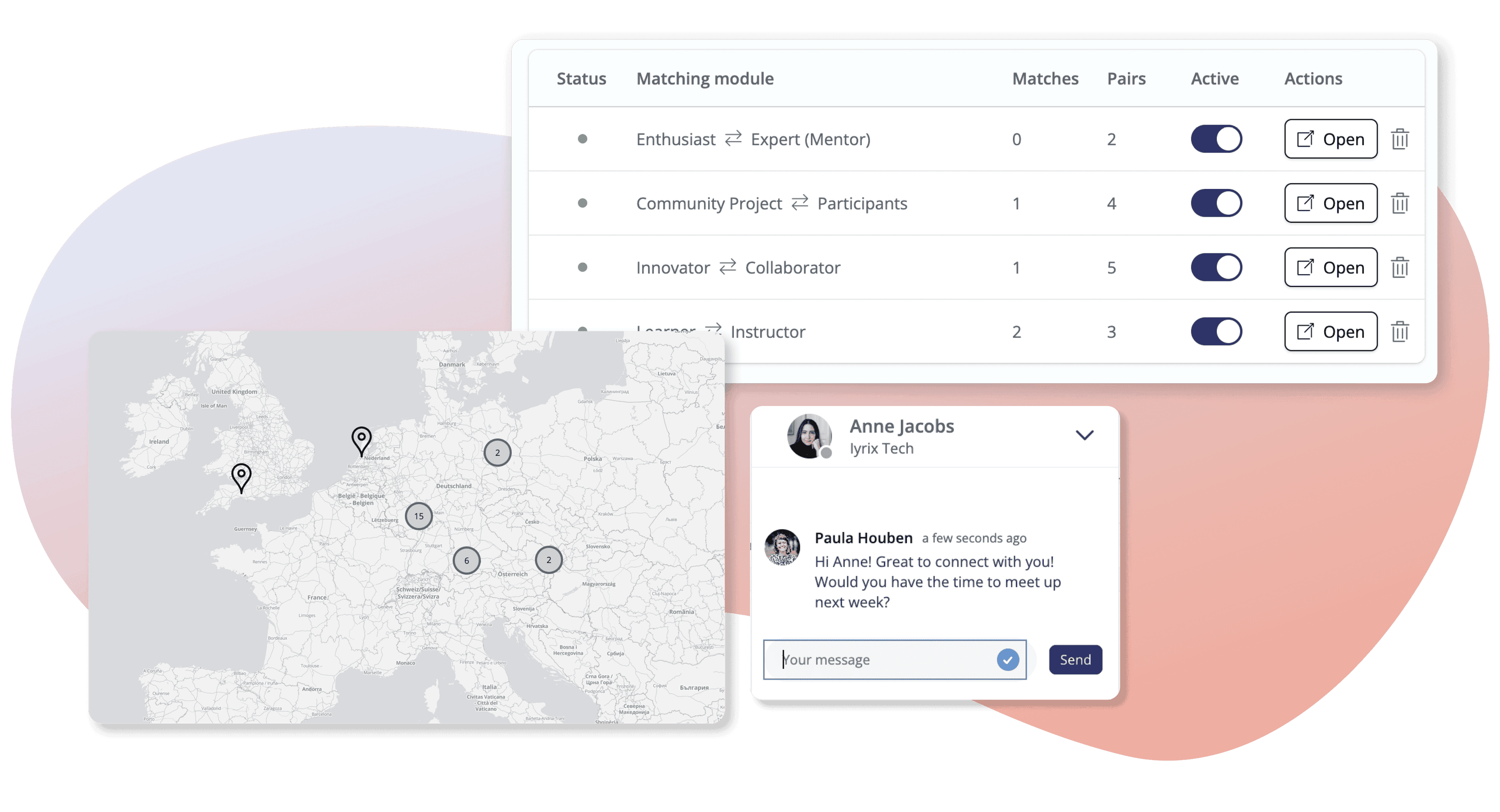 Screenshot von Karten, Matchmaking-System und Chat-Funktionen, die für den Aufbau eines starken regionalen Innovationsnetzwerks erforderlich sind 