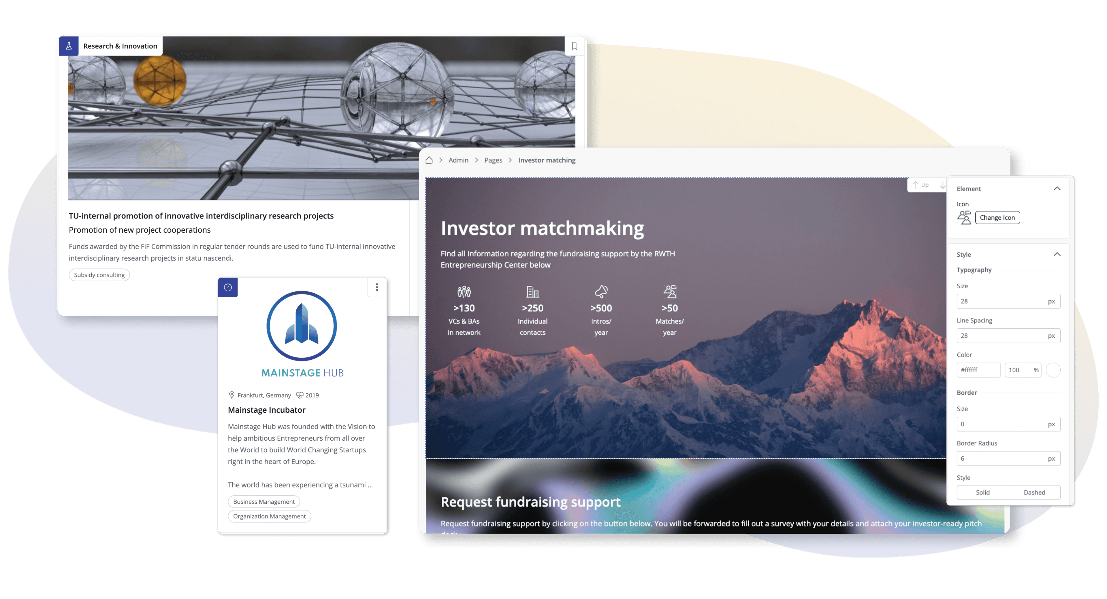 Screenshot of Pages and Organizations features crucial to build a thriving university entrepreneurship platform