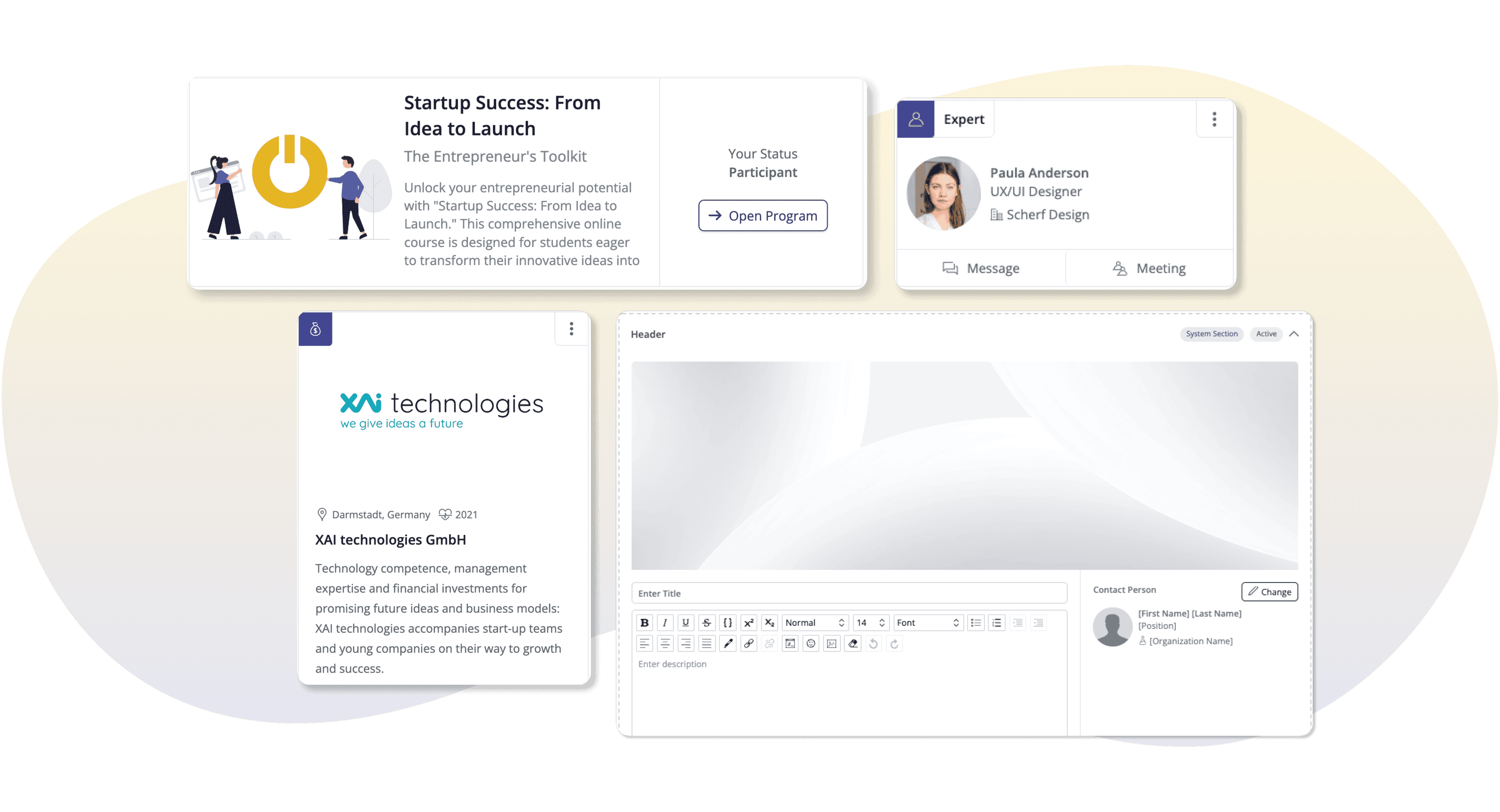 Screenshot der Funktionen für Programme, Mitglieder, benutzerdefinierte Module und Organisationen, die ideal für das Unternehmertum an Universitäten sind