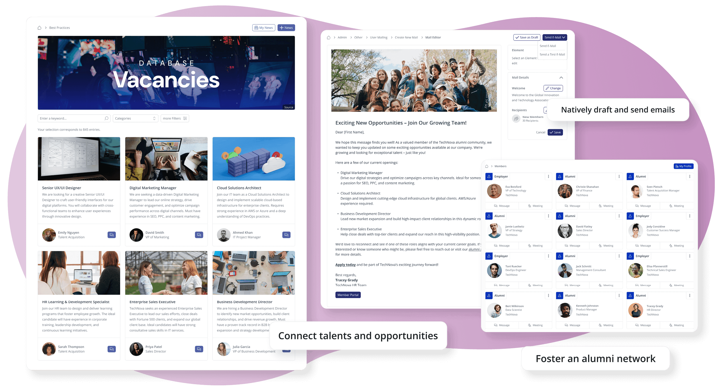 screenshot of loftos alumni management software features like custom modules and member directory to easily  connect talent with opportunities