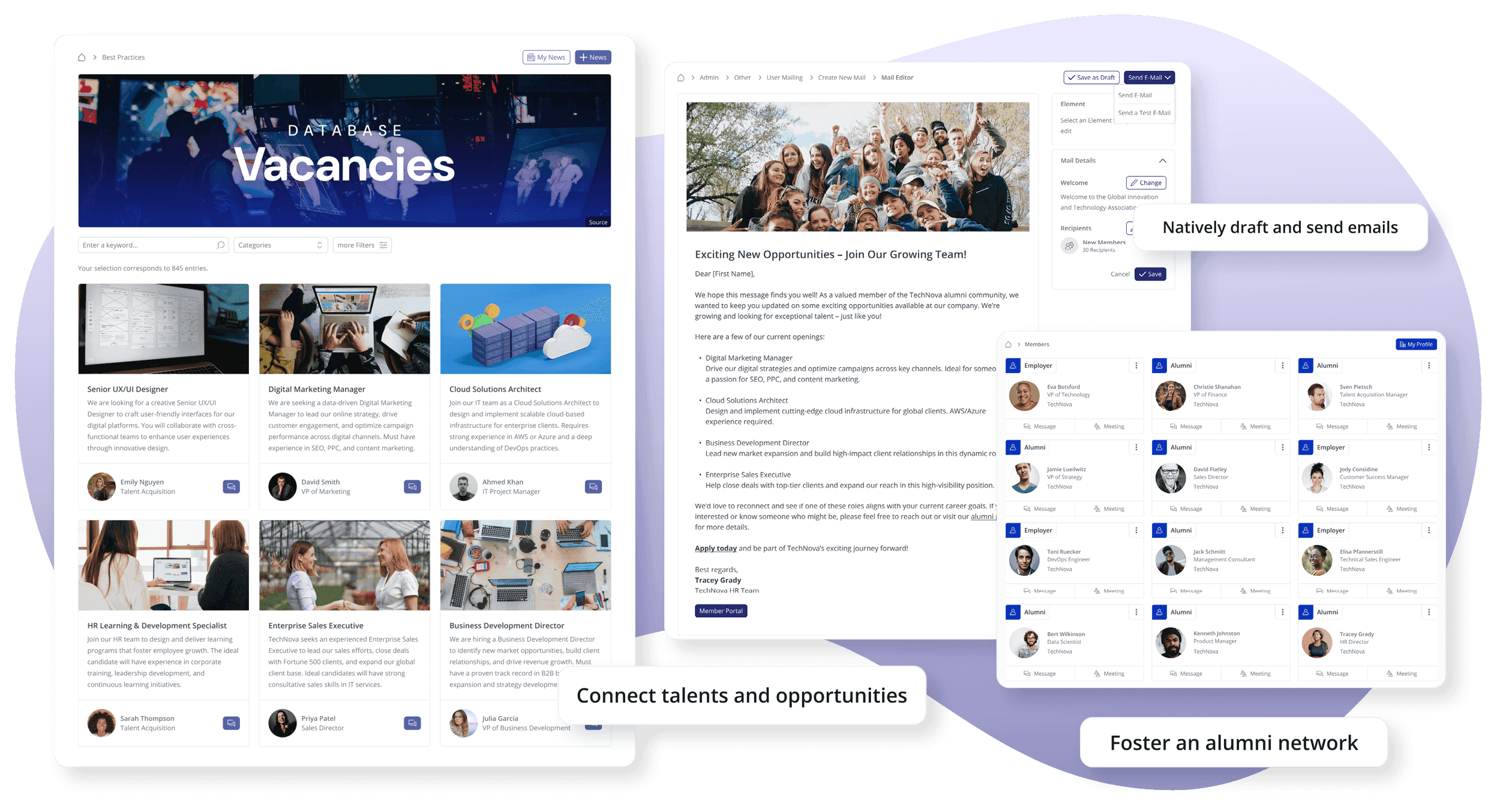 Screenshot der LoftOS Alumni Management Software Funktionen, wie z.B. individuelle Module und Mitgliederverzeichnis, um Talente einfach mit Möglichkeiten zu verbinden