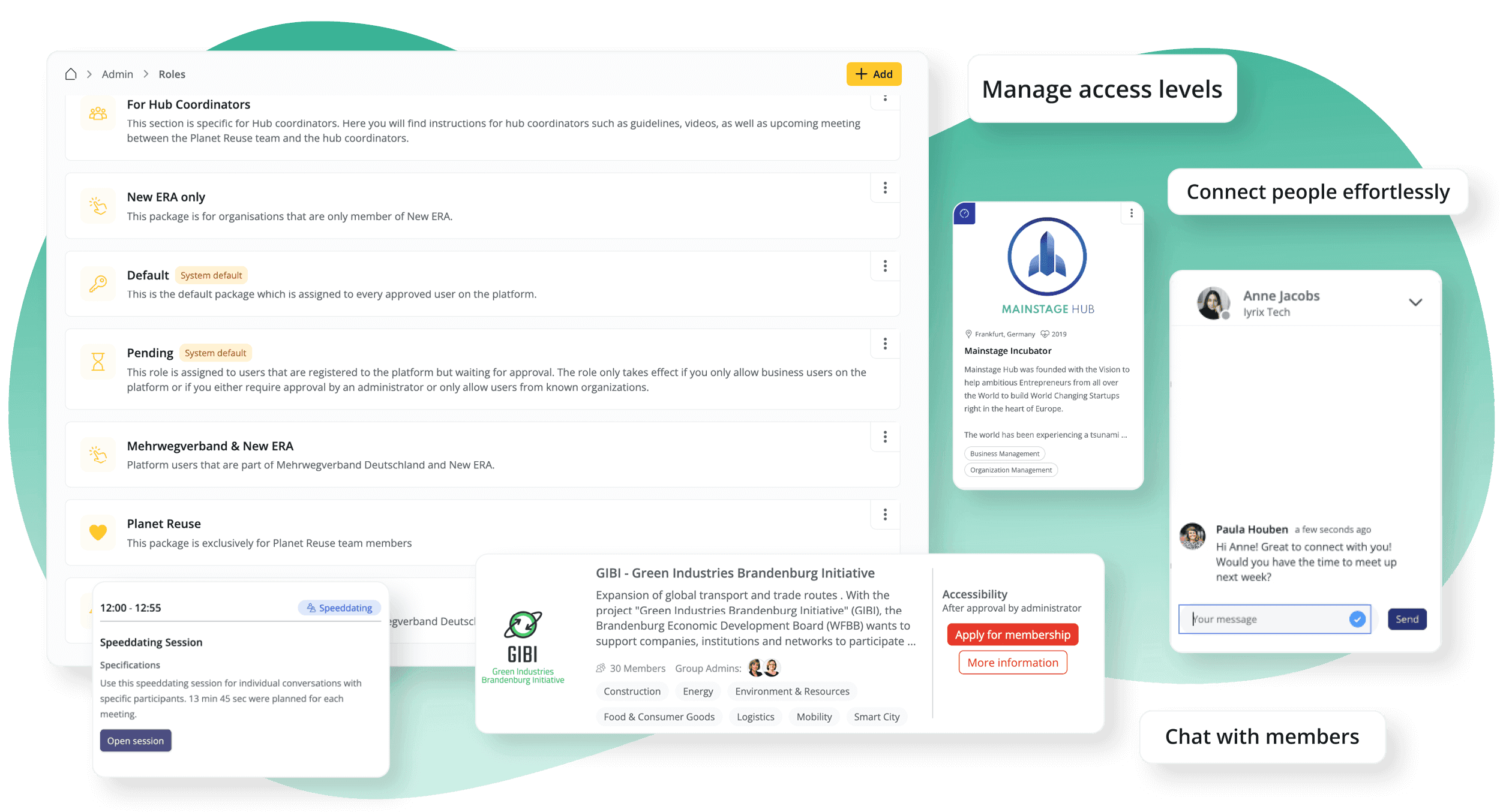 Screenshot des flexiblen Rollenmanagements von LoftOS zur Verwaltung von Zugriffsebenen, Geschwindigkeits- und Gruppenfunktionen zur effektiven Vernetzung von Menschen innerhalb eines offenen Innovations-Ökosystems