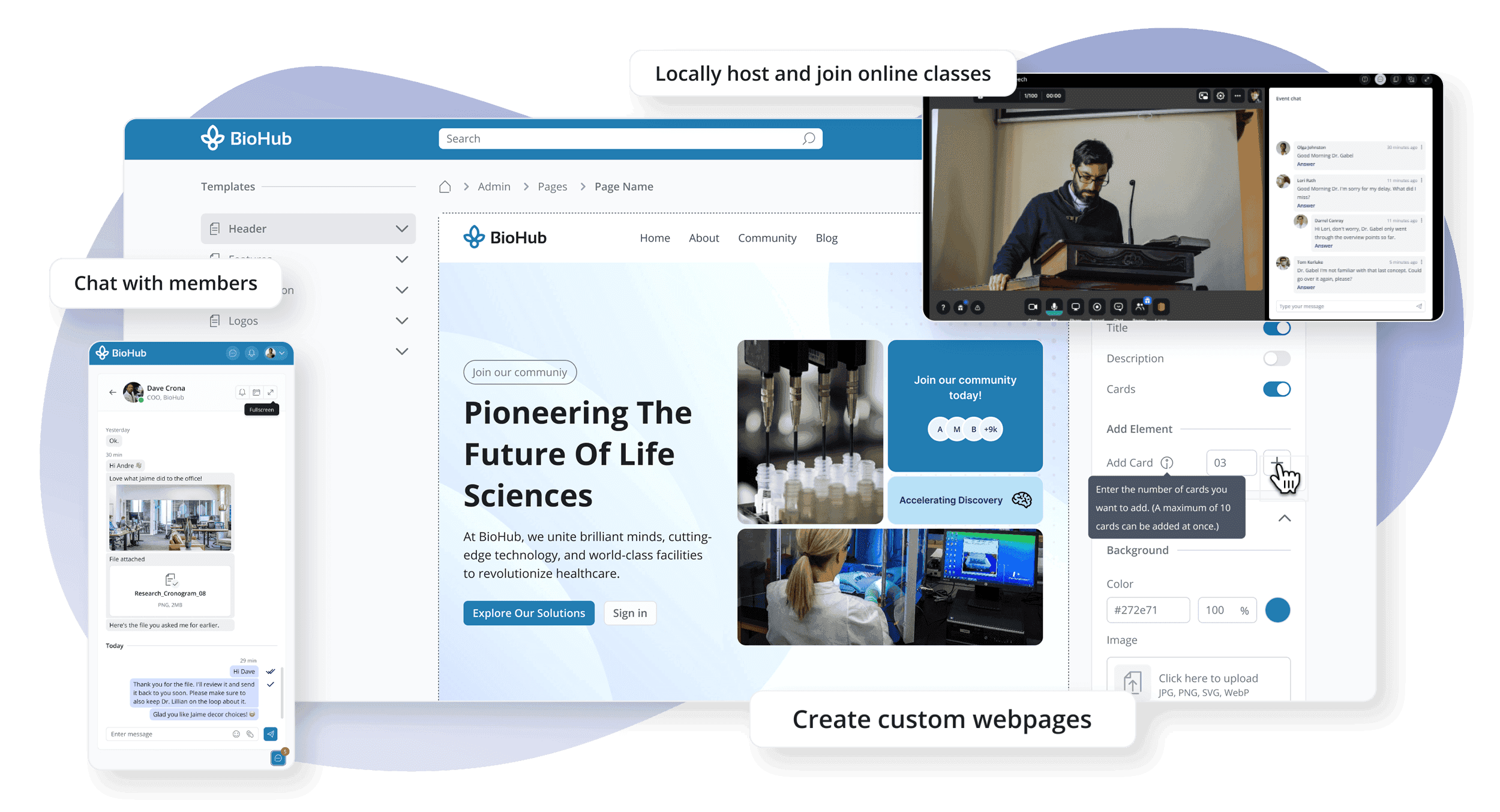 Screenshot von Seiten, Videofunktionen und mehr, die zeigen, wie Sie mit LoftOS eine engagierte Cluster-Community-Plattform betreiben können