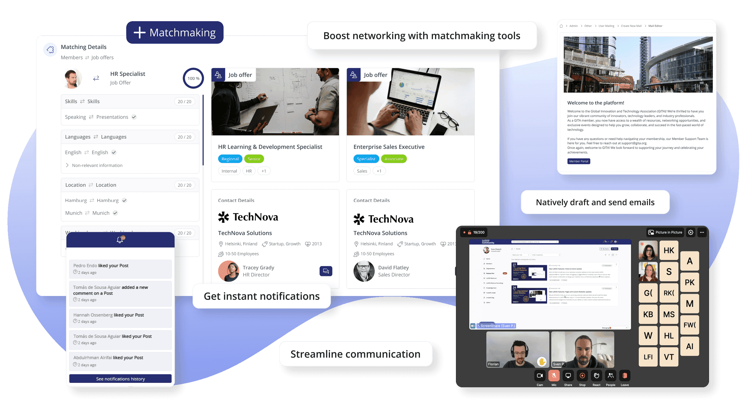 screenshot of loftOS matchmaking sofware features to boost networking and streamline communication