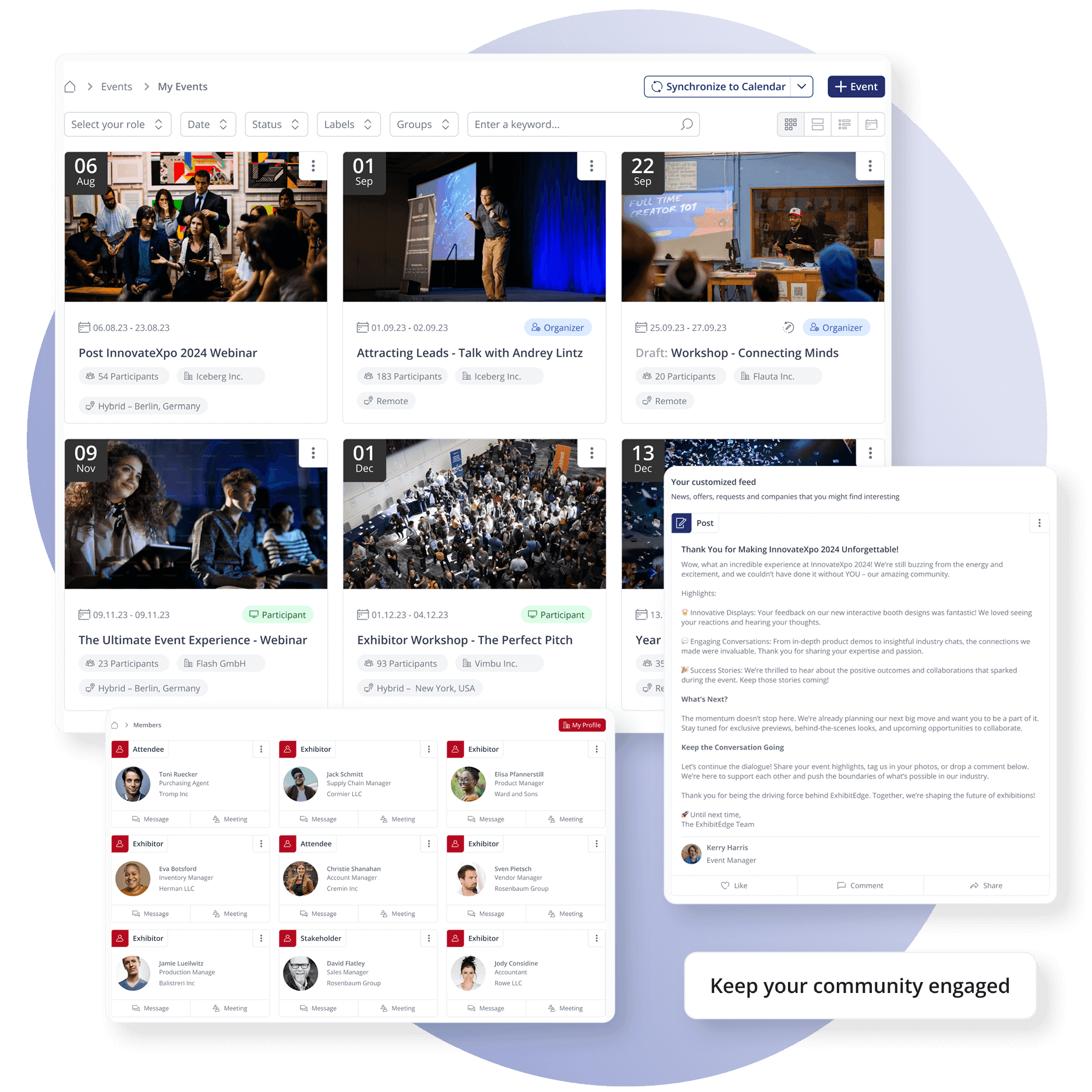 Screenshot der Funktionen des loftos Messeportals, um ein Event-Powerhouse zu schaffen und Ihre Community zu binden