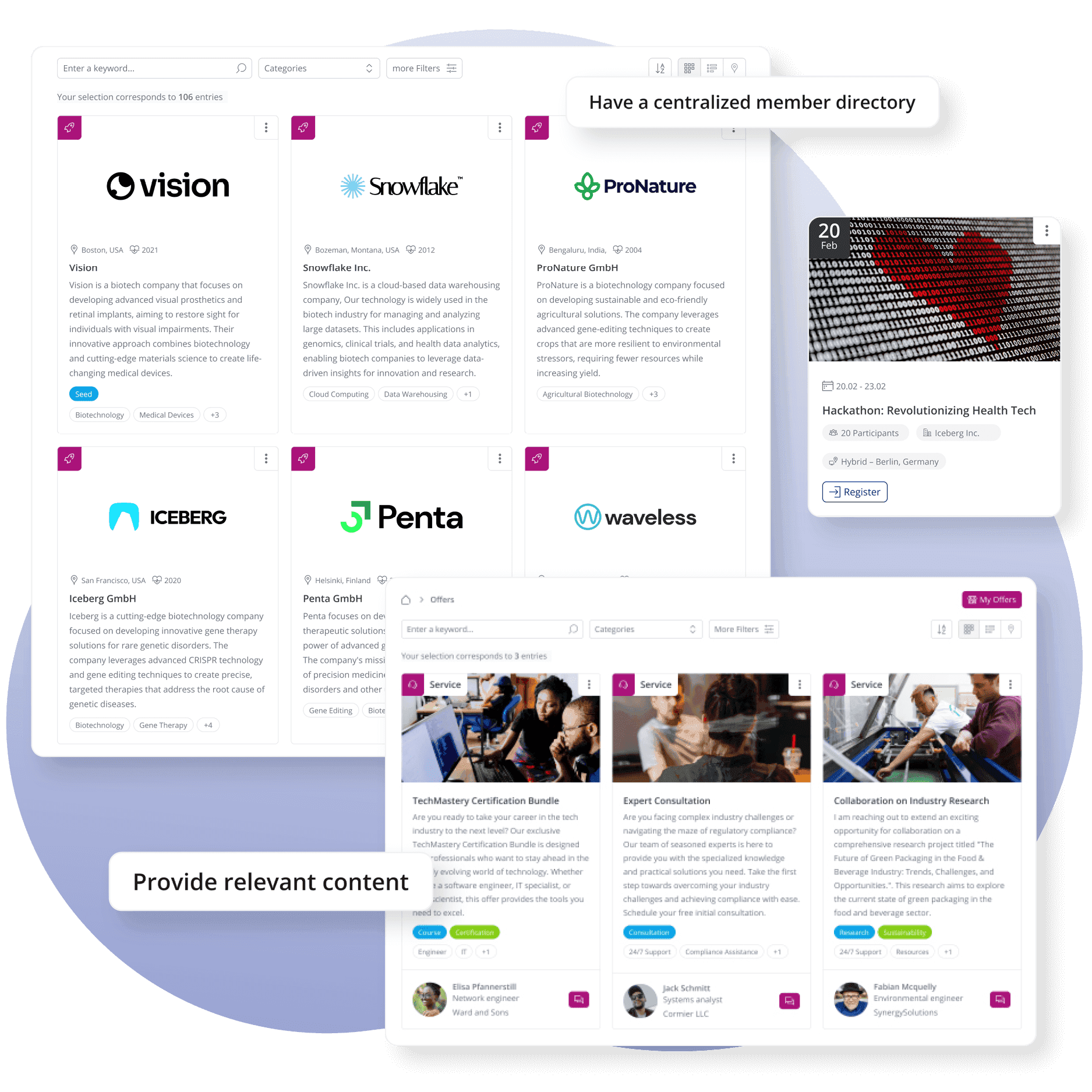 Screenshot der Funktionen der loftos Association Management Software zur Erstellung eines zentralen Mitgliederverzeichnisses, eines Angebotsmarktplatzes, eines maßgeschneiderten Content-Hubs und zur einfachen Durchführung von ansprechenden Online-Events