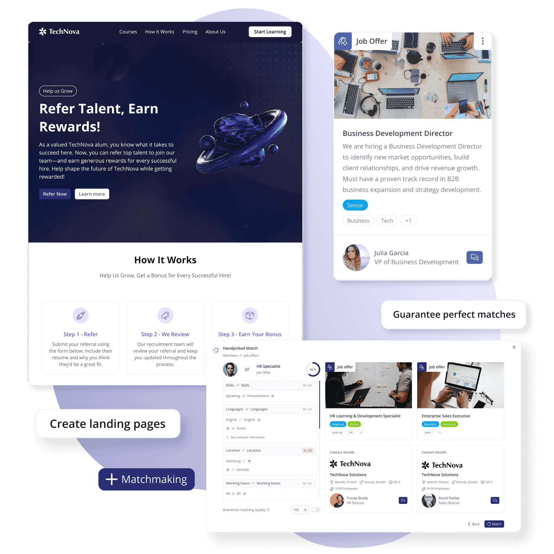Screenshot der loftos Features Pages, Matchmaking und Offers zur einfachen Verwaltung und Ansprache Ihres Alumni-Netzwerks 
