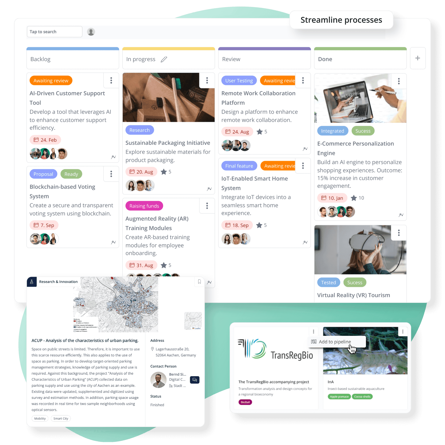 screenshot of projects and pipelines built in LoftOS open innovation tool