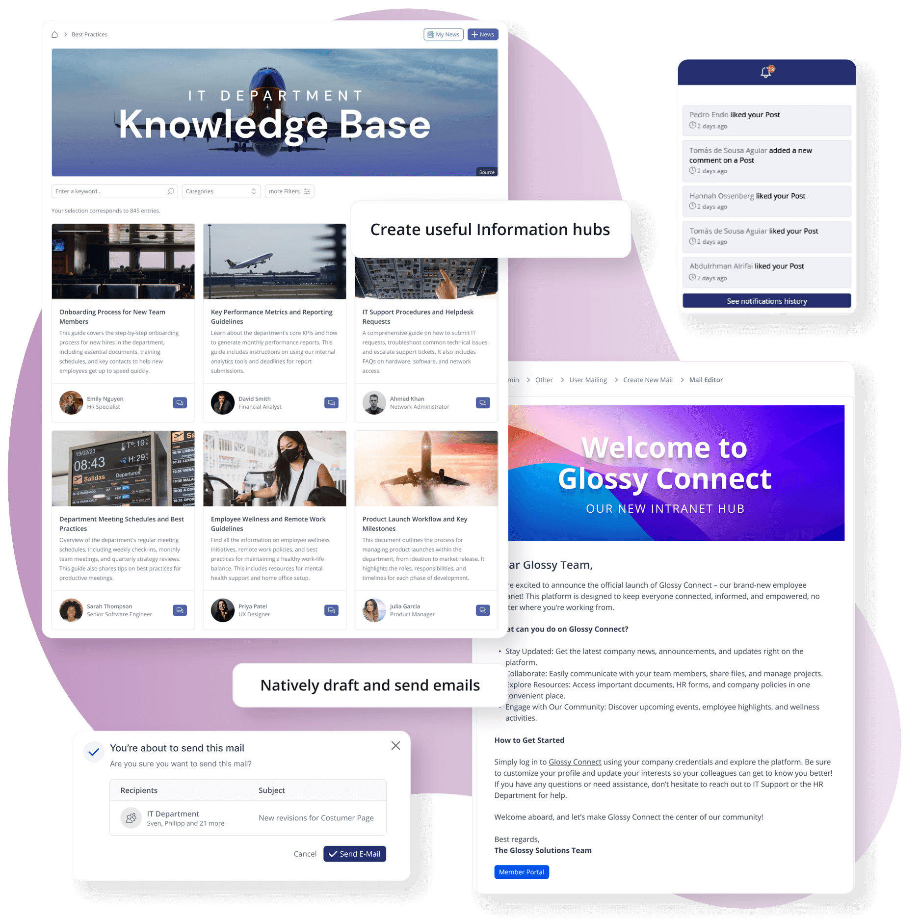 screenshot of user mailing and custom modules to illustrate how simple it is to create an internal communication platform with tools to streamline communication, create a centralize knowledge hub and more to turn your company intranet into a thiriving dig