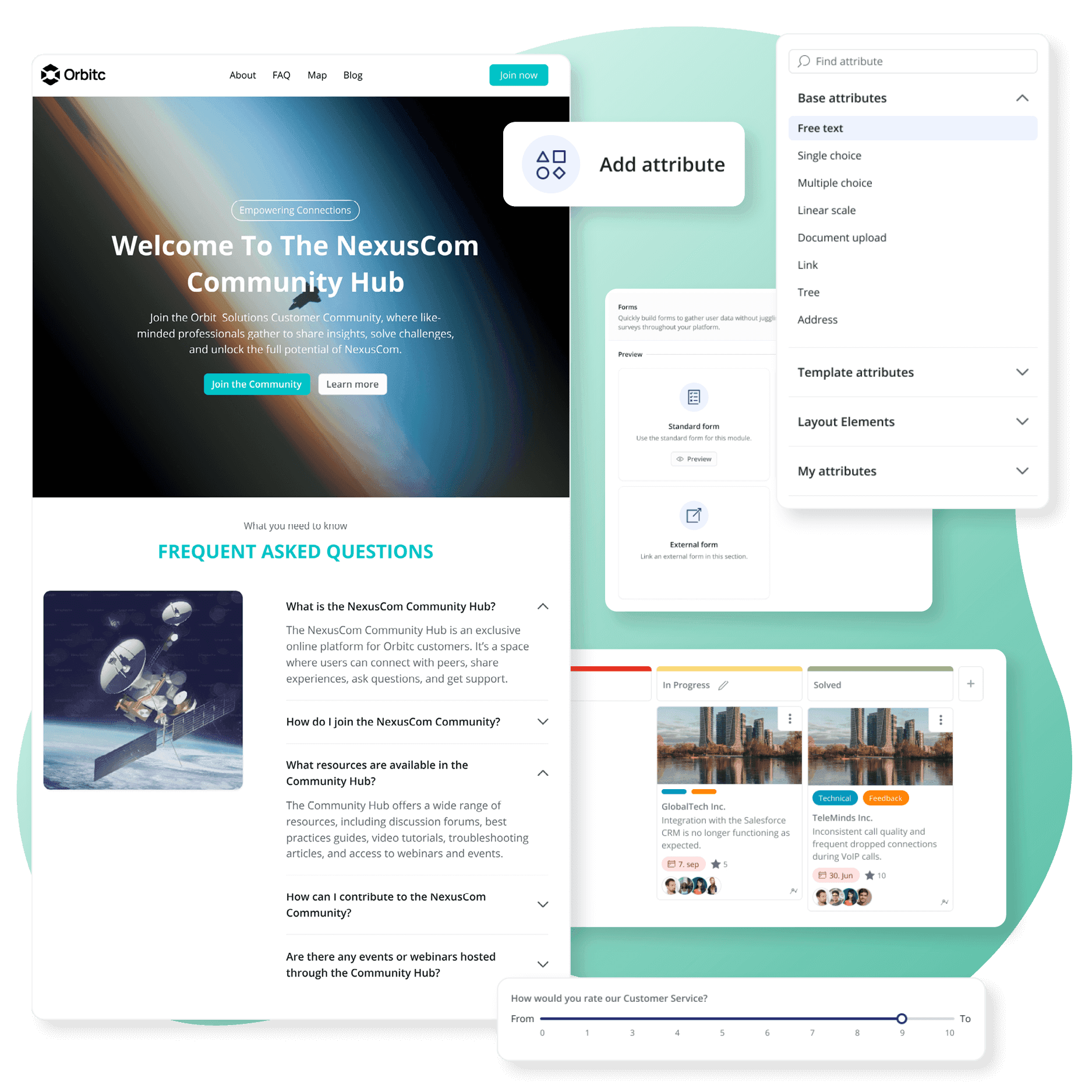 Screenshot von Seiten, Attributen und Pipelines, die die Flexibilität einer speziellen Kunden-Community-Plattform verdeutlichen