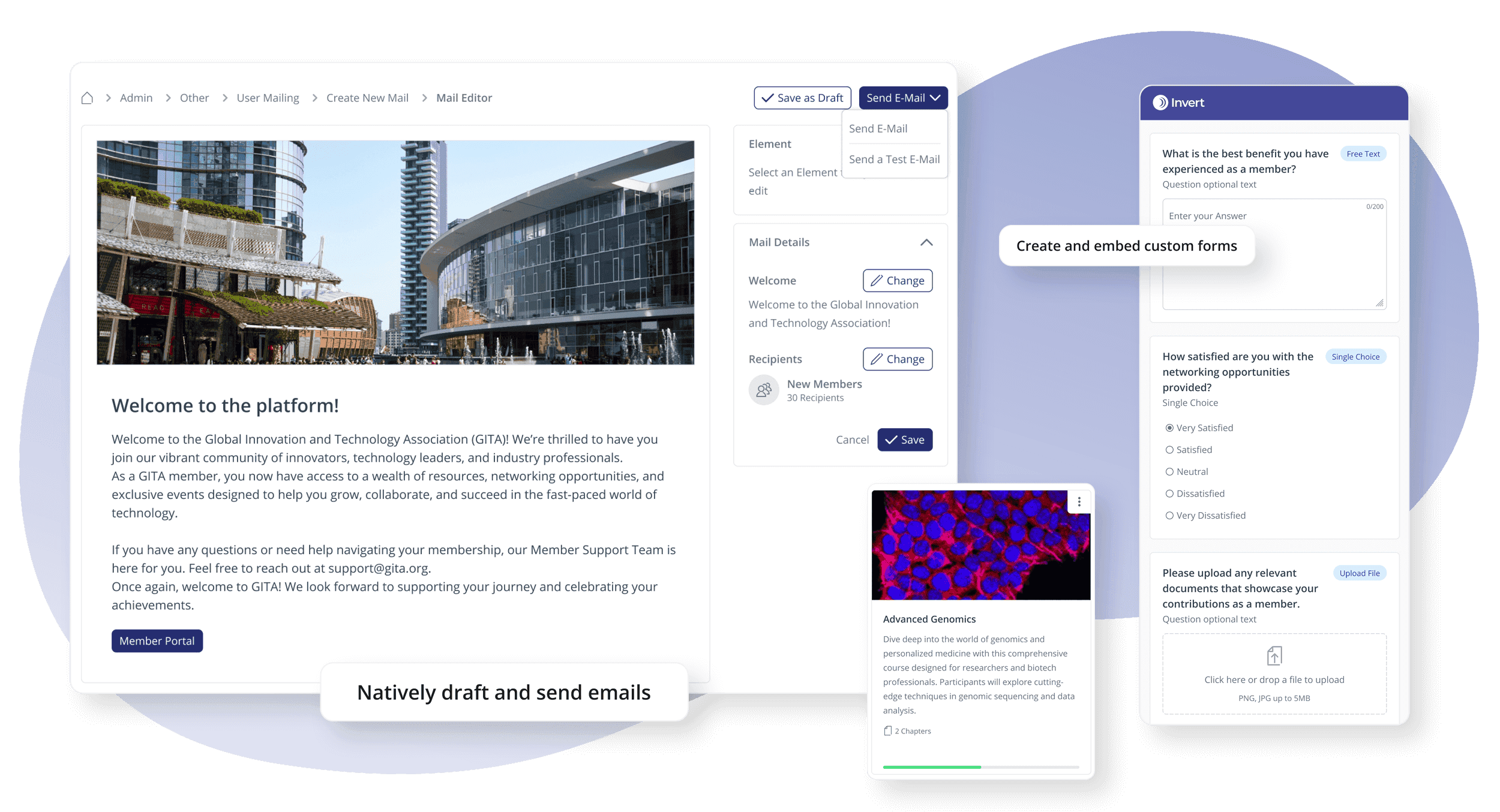 Screenshot der loftos Association Management Software Funktionen wie User Mailing, Formulare und Programme zum Sammeln von Mitgliederdaten in Ihrem Verbandsnetzwerk, zum Erstellen von automatisierten Learning Journeys oder Onboarding Experiences und zum n