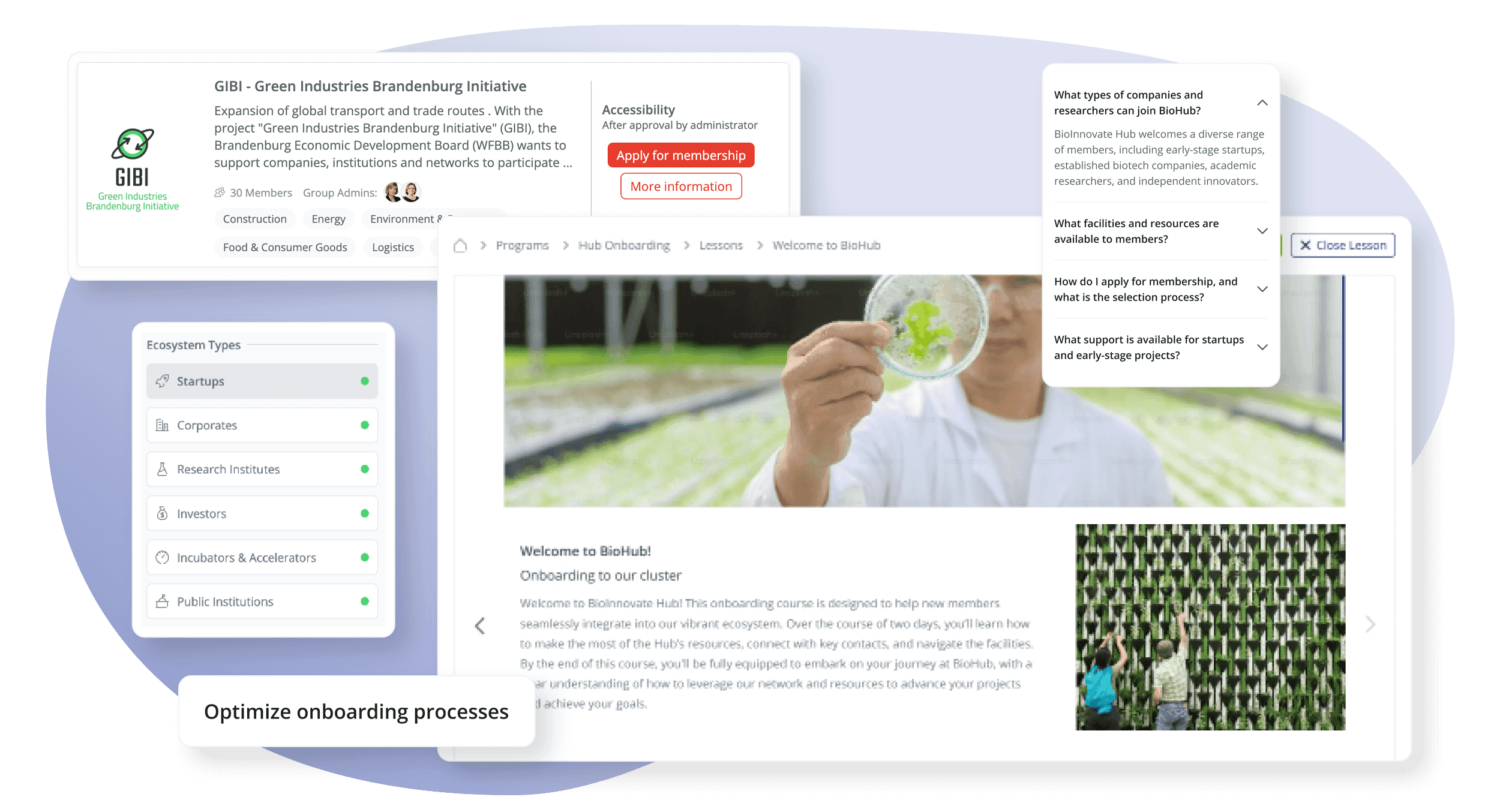 Screenshot der Programme, Gruppen und Onboarding-Funktionen, die in unserer Cluster-Community-Software integriert sind