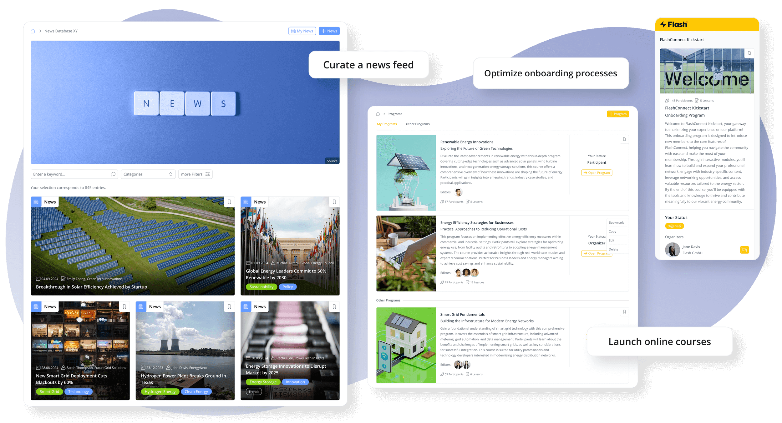 Screenshot, der zeigt, wie loftos genutzt werden kann, um Online-Kurse zu starten, einen kuratierten Feed zu erstellen und den Onboarding-Prozess Ihres Business Networking Tools zu optimieren 