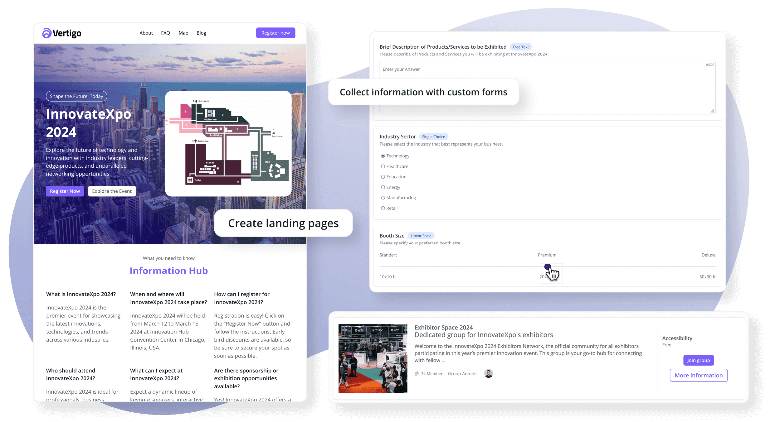 Screenshot der Funktionen der loftos Conference Networking Software zur Erstellung von Landing Pages ohne Code und zur einfachen Erfassung von Informationen mit eigens entwickelten Formularen