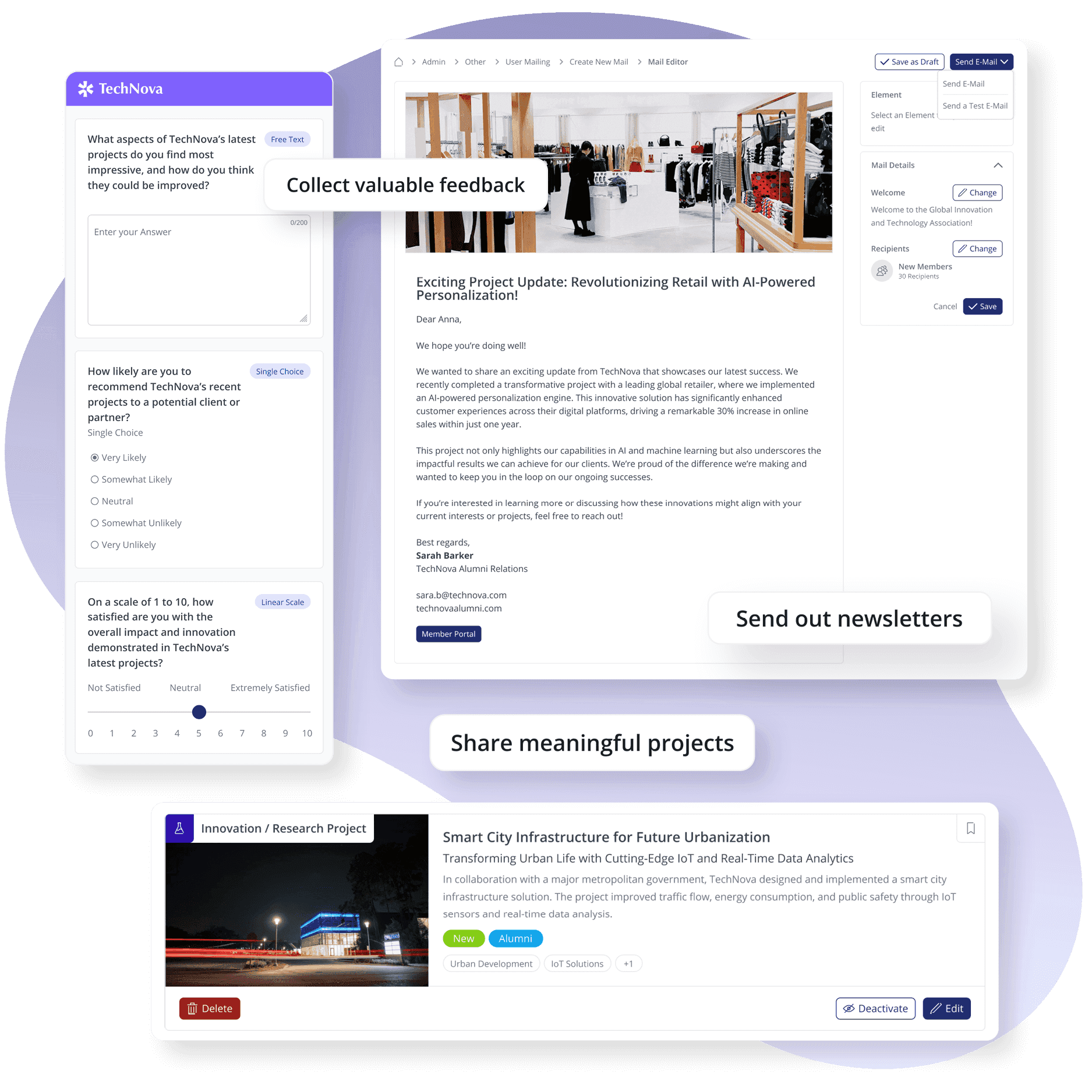 Screenshot der loftos Funktionen Projekte, User Mailing und Formulare zur einfachen Verwaltung Ihres Alumni-Netzwerks in Unternehmen