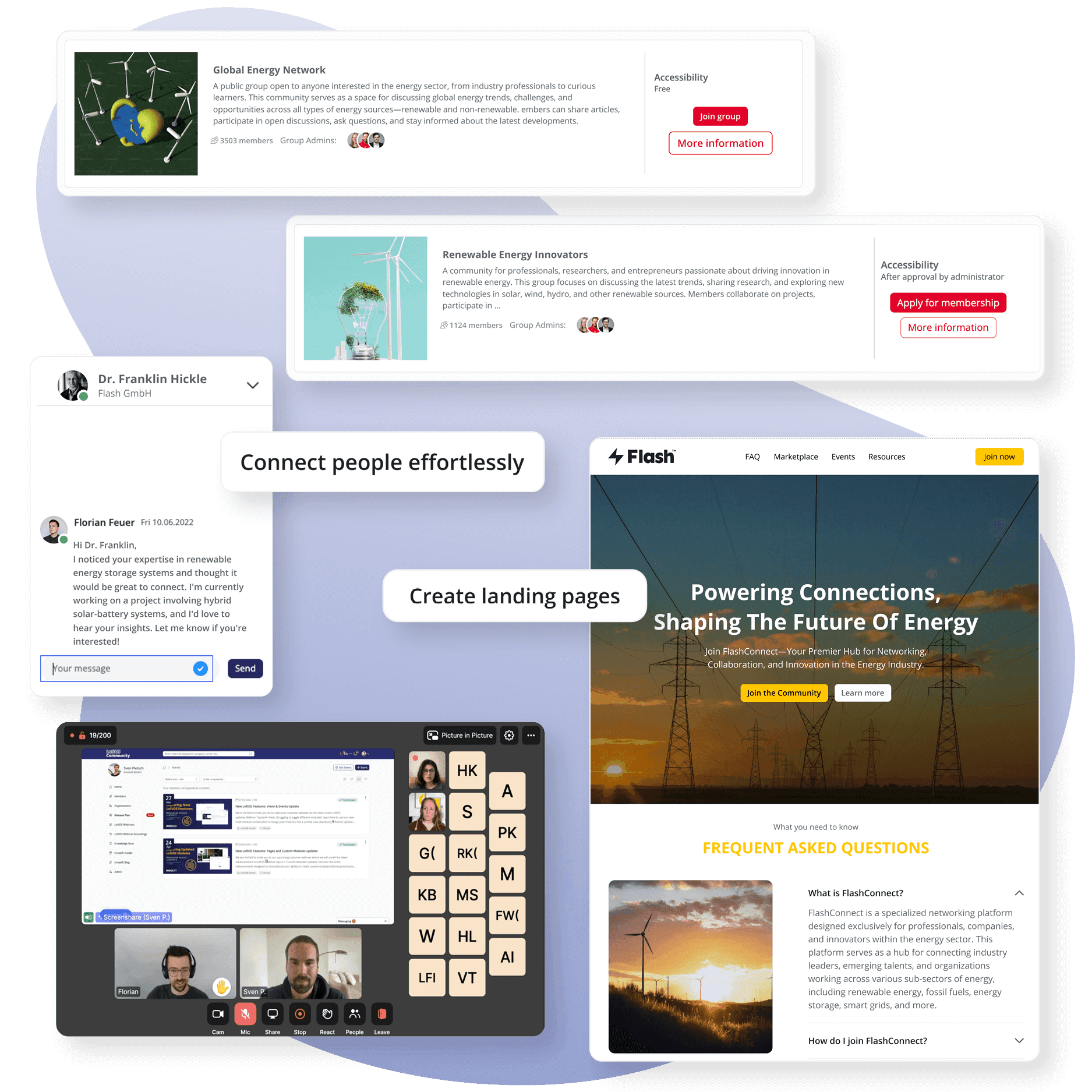 screenshot of loftos tools to create a thriving business community platform with in-built no code webpage builder, integrated chat and video tools, topic based groups and more 