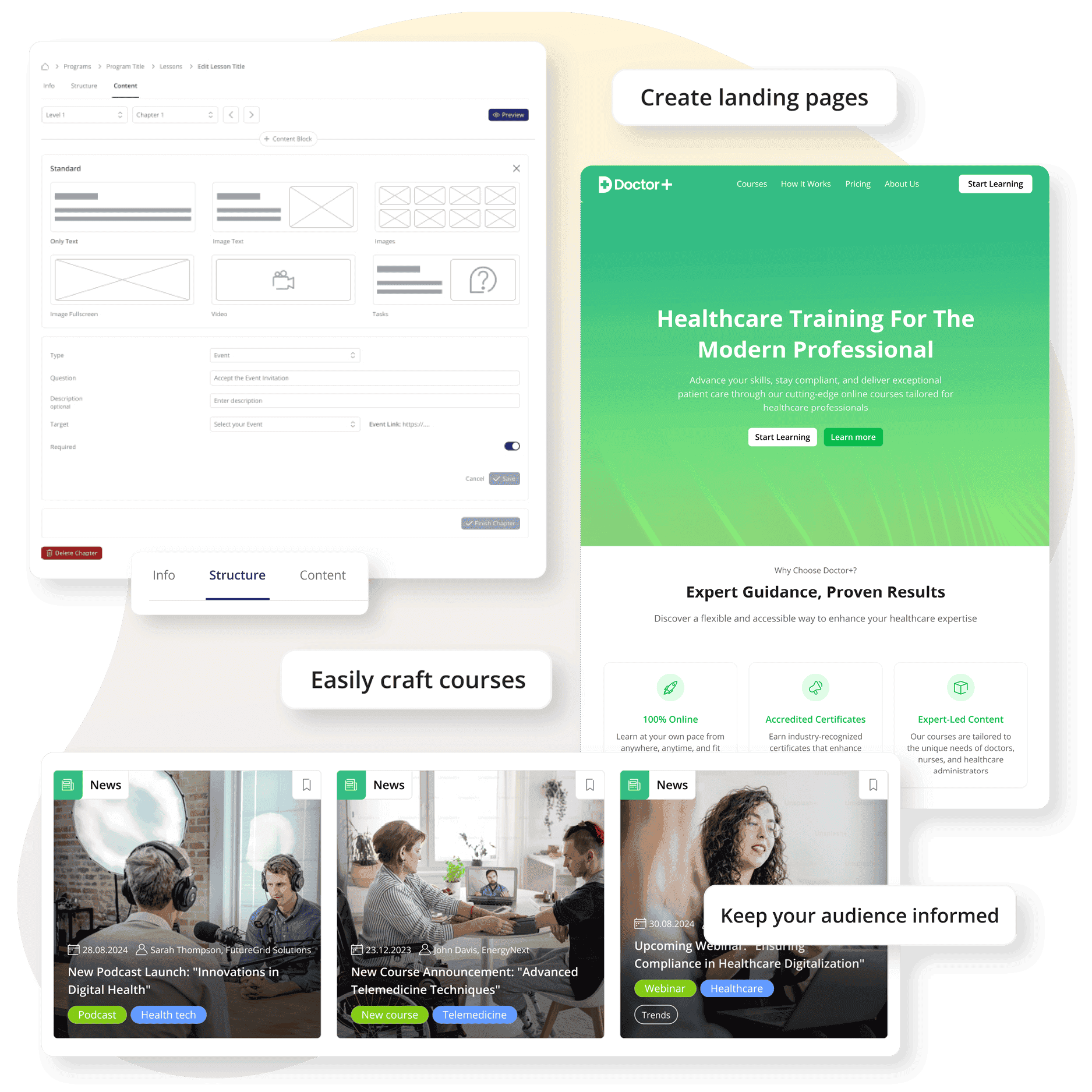Screenshot der Seiten und der neuen Funktion zur Erstellung einer maßgeschneiderten E-Learning-Plattform 