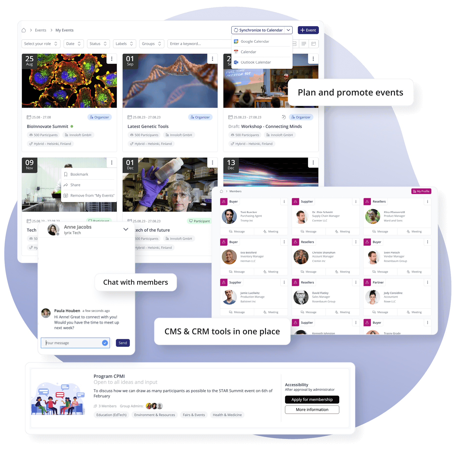 screenshot of loftos association management software features to unify communication and simplify user management in your association, create a tailored CRM, manage your events and more