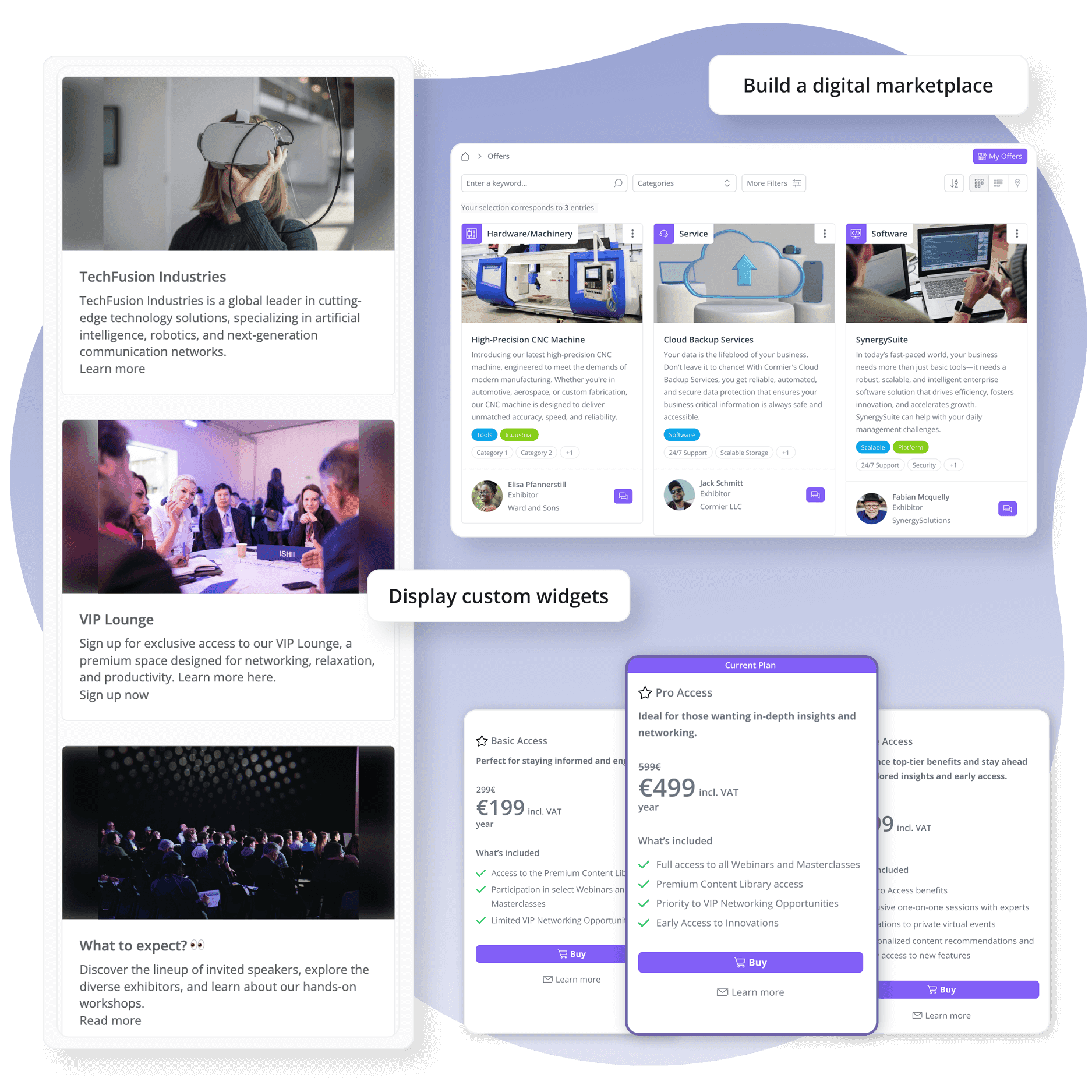 Screenshot der loftos Messesoftware-Funktionen zur Erstellung eines digitalen Marktplatzes, exklusiver gestaffelter Mitgliedschaften, Werbe-Widgets und mehr