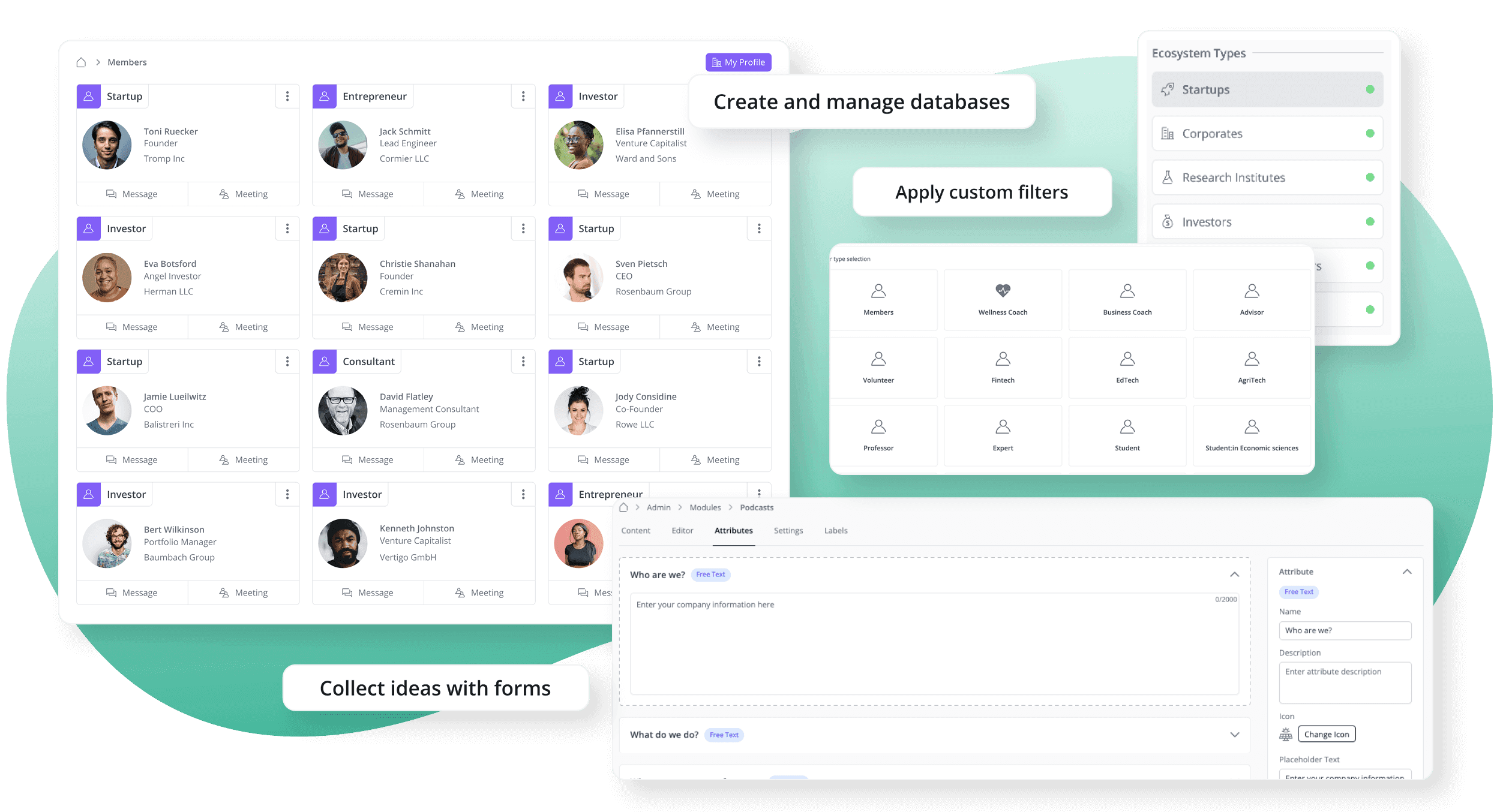 Screenshot illustrating LoftOS flexibility in creating custom databases with user types you can define and forms to collect any type of information in your open innovation tool