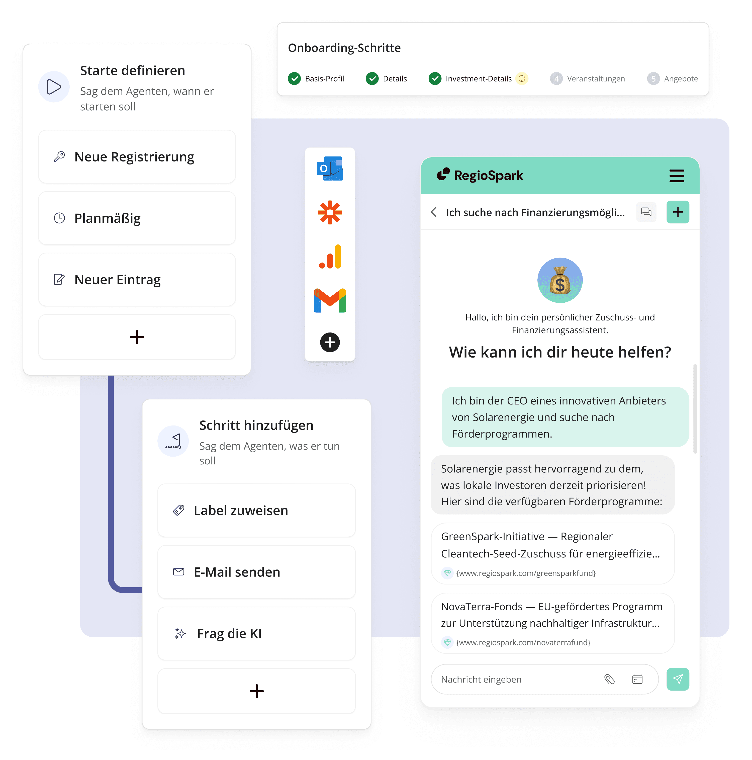 LoftOS-Automatisierungs-Builder mit AI-Assistenten-Chat und Onboarding-Checkliste im Hintergrund
