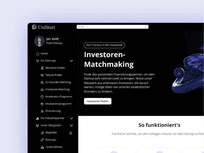 Mockup der LoftOS Entrepreneurship-Center-Landingpage für studentische Startups mit Fokus auf Investoren-Matchmaking und Inkubationsprogramme.