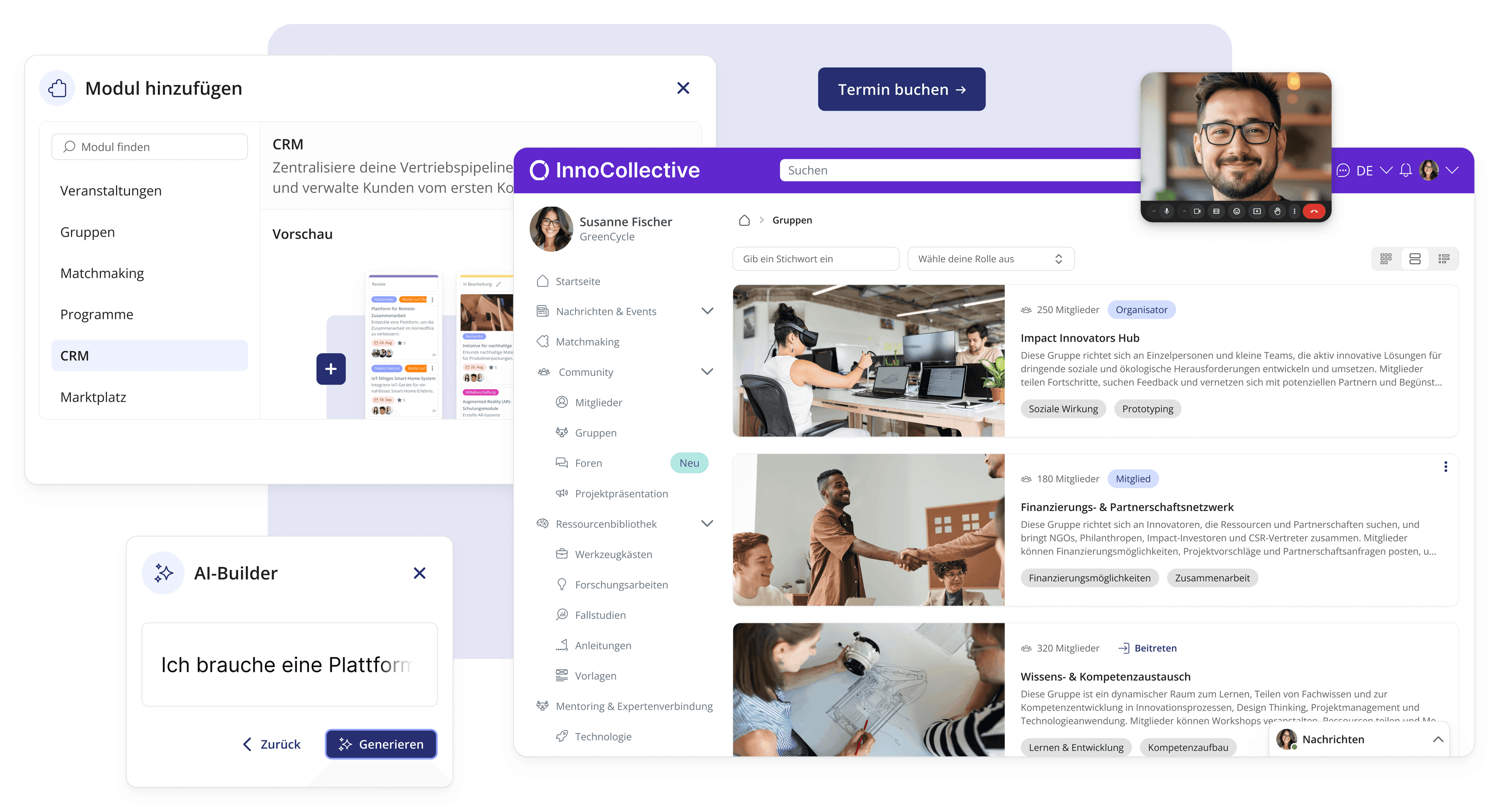 LoftOS-Oberfläche mit dem Panel "Modul hinzufügen" neben einem AI-Builder-Chat für den Aufbau einer Community-Plattform