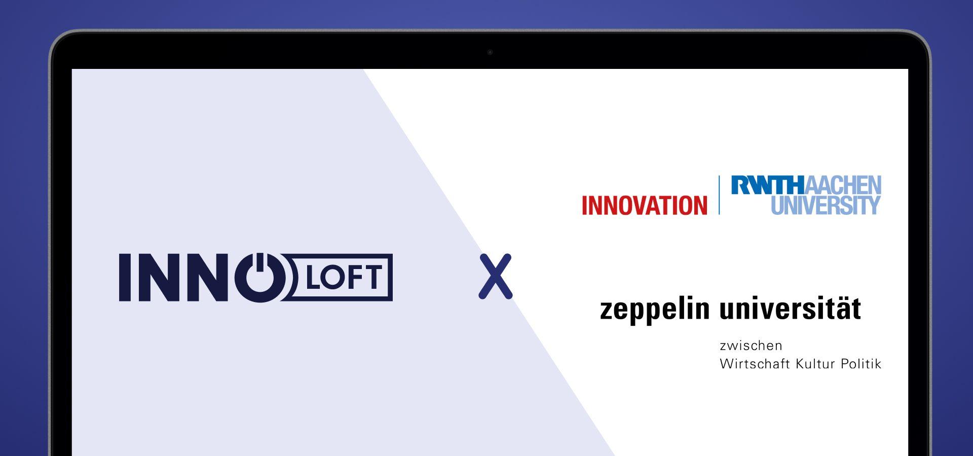 Visual of Innoloft logo together with RWTH Aachen University's and Zeppelin University's logo 
