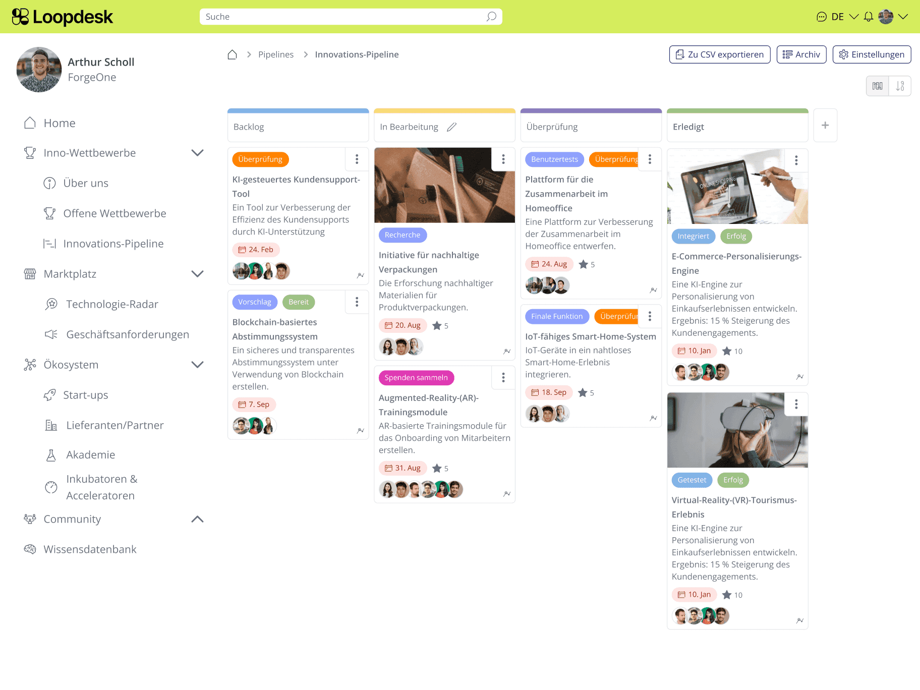 Die LoftOS-Funktion 'Pipelines' erstellt ein internes Tool zur Projektverfolgung.