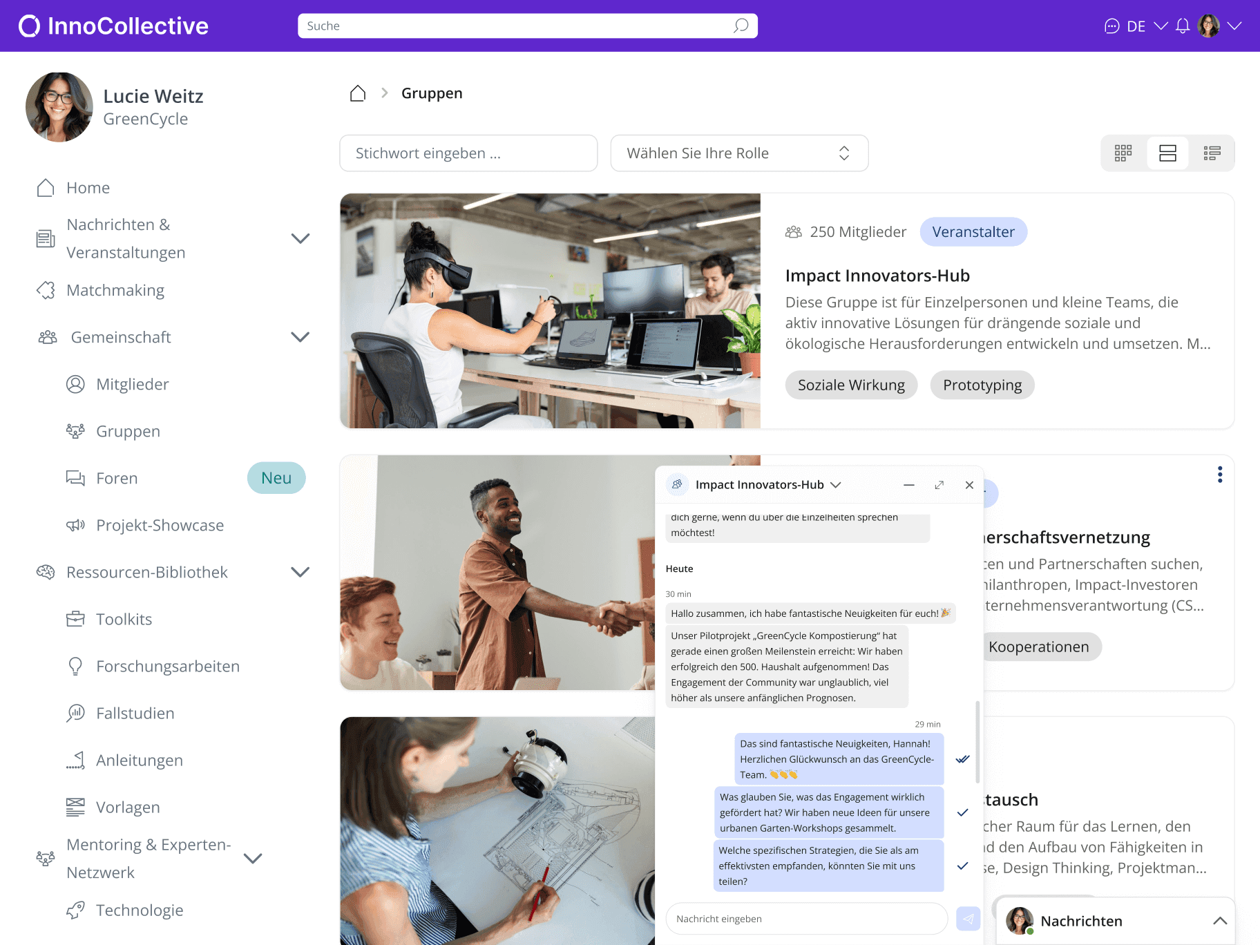 Das mit LoftOS erstellte Community-Dashboard zeigt eine Gruppenübersicht und eine offene Chat-Funktion.