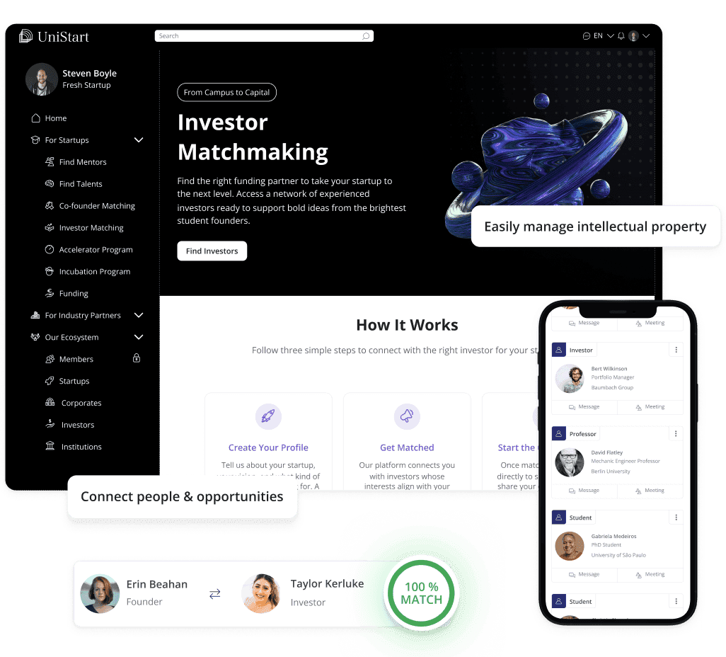 Startup dashboard featuring investor matchmaking, IP management tools, and founder-investor matching.