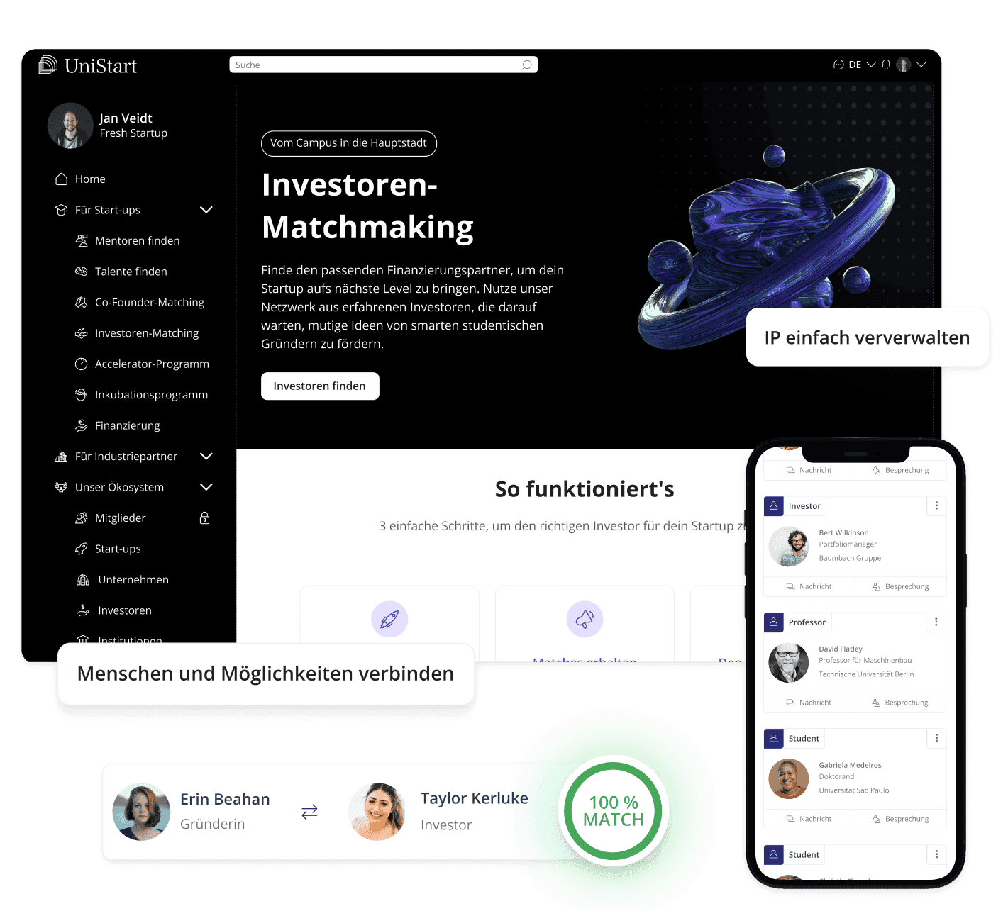 Die LoftOS-Plattformoberfläche für Forschung und Bildung zeigt Investoren-Matchmaking, IP-Management und die mobile Benutzeroberfläche.