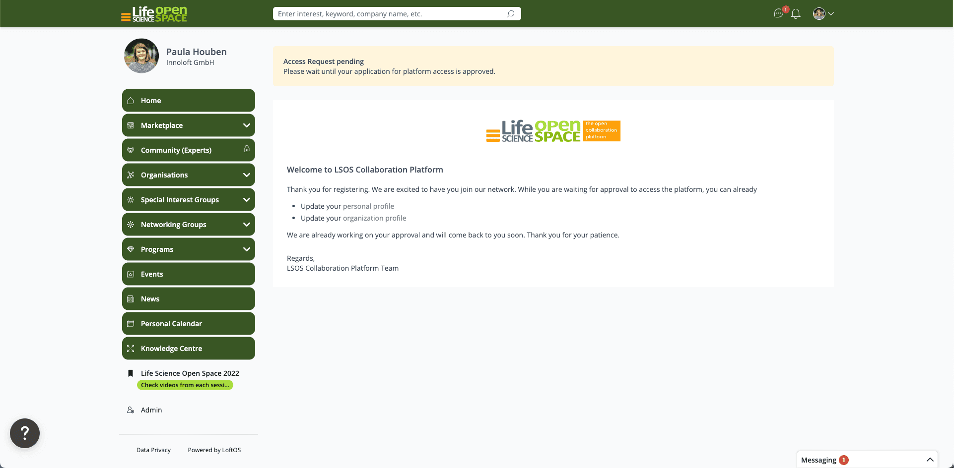 Screenshot Life Science Open Space Collaboration platform