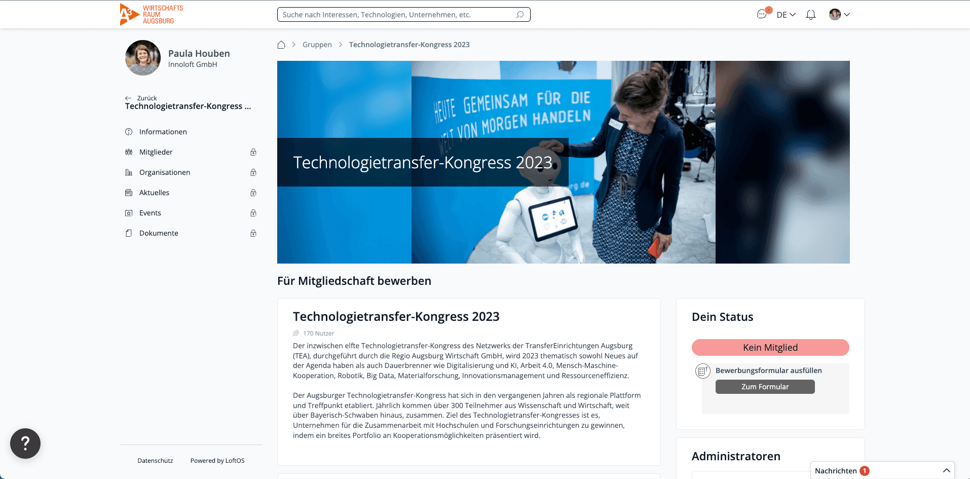 Screenshot Regio Augsburg Wirtschaft Community