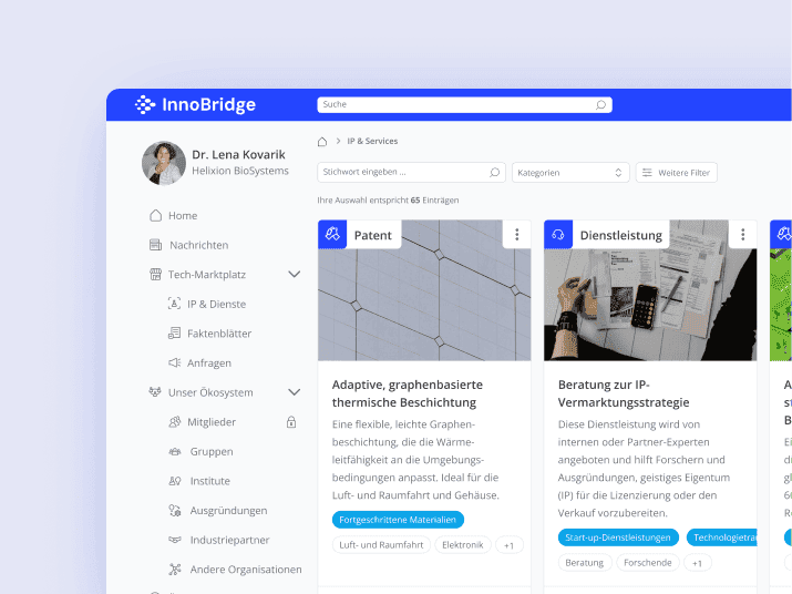 Mockup des LoftOS Technologietransfer-Portals „InnoBridge“ mit einem Marktplatz für Patente, IP-Dienstleistungen und Ausgründungen.