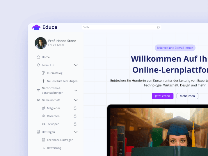 Mockup der LoftOS Online-Lernplattform für Forschung und Bildung mit einem Learning Hub und Kurskatalog.