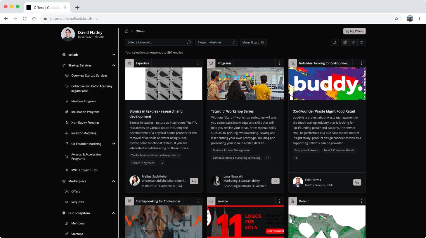 Screenshot of collab job board