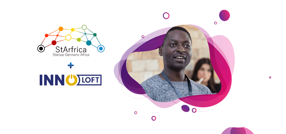 StAfrica and Innoloft logos together with a picture of Materne Mateso Lumiere, a key player in StAfrica community development.