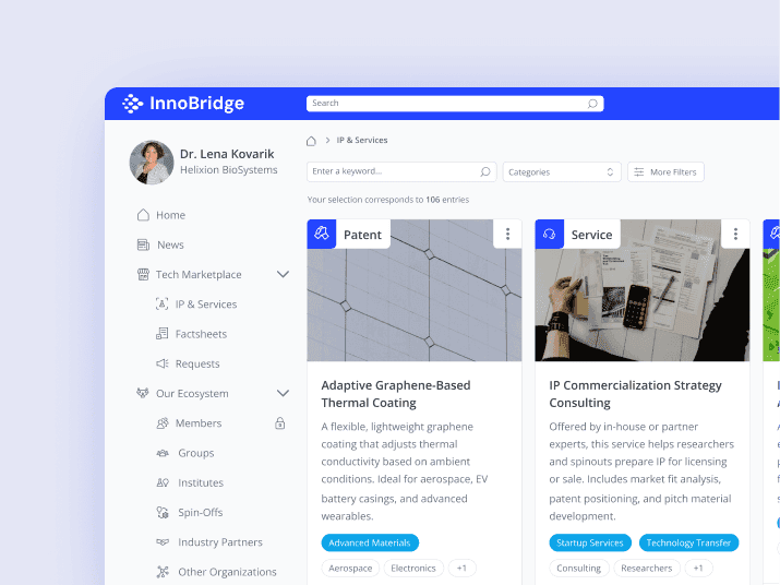 LoftOS tech transfer platform for research and education showing a patent marketplace and IP commercialization services.