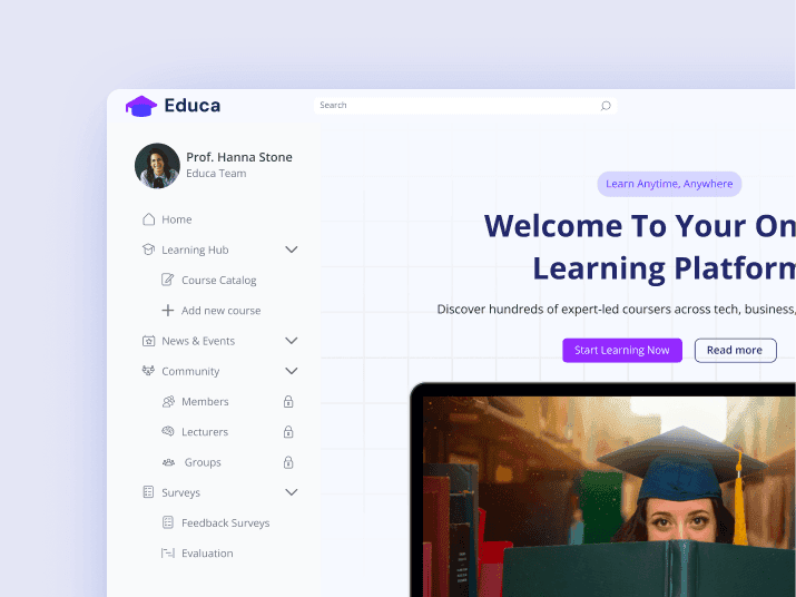 LoftOS online learning platform mockup for research and education featuring a learning hub and course catalog.