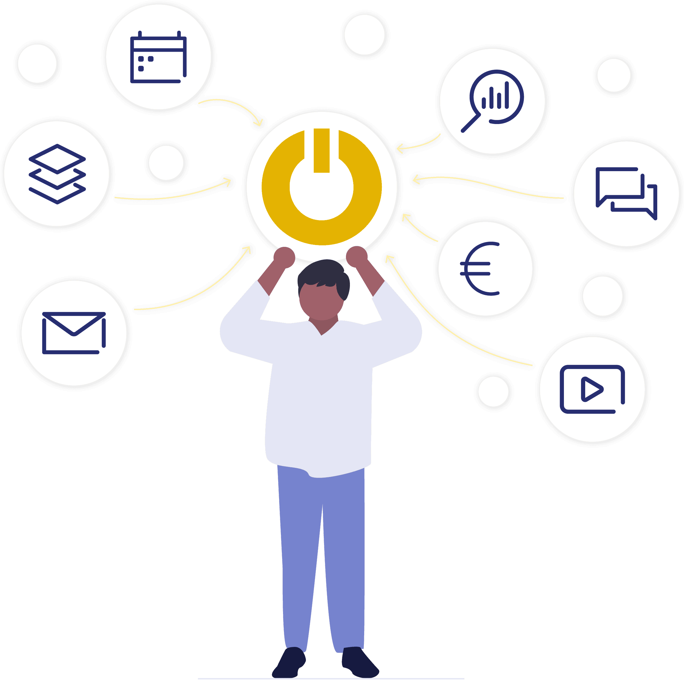 A person holds the Innoloft power button in the air, which is connected with different icons for various tools