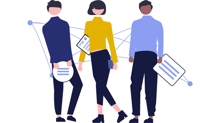 Drei Personen in Geschäftskleidung stehen vor einer Weltkarte, auf der Punkte durch Linien verbunden sind.